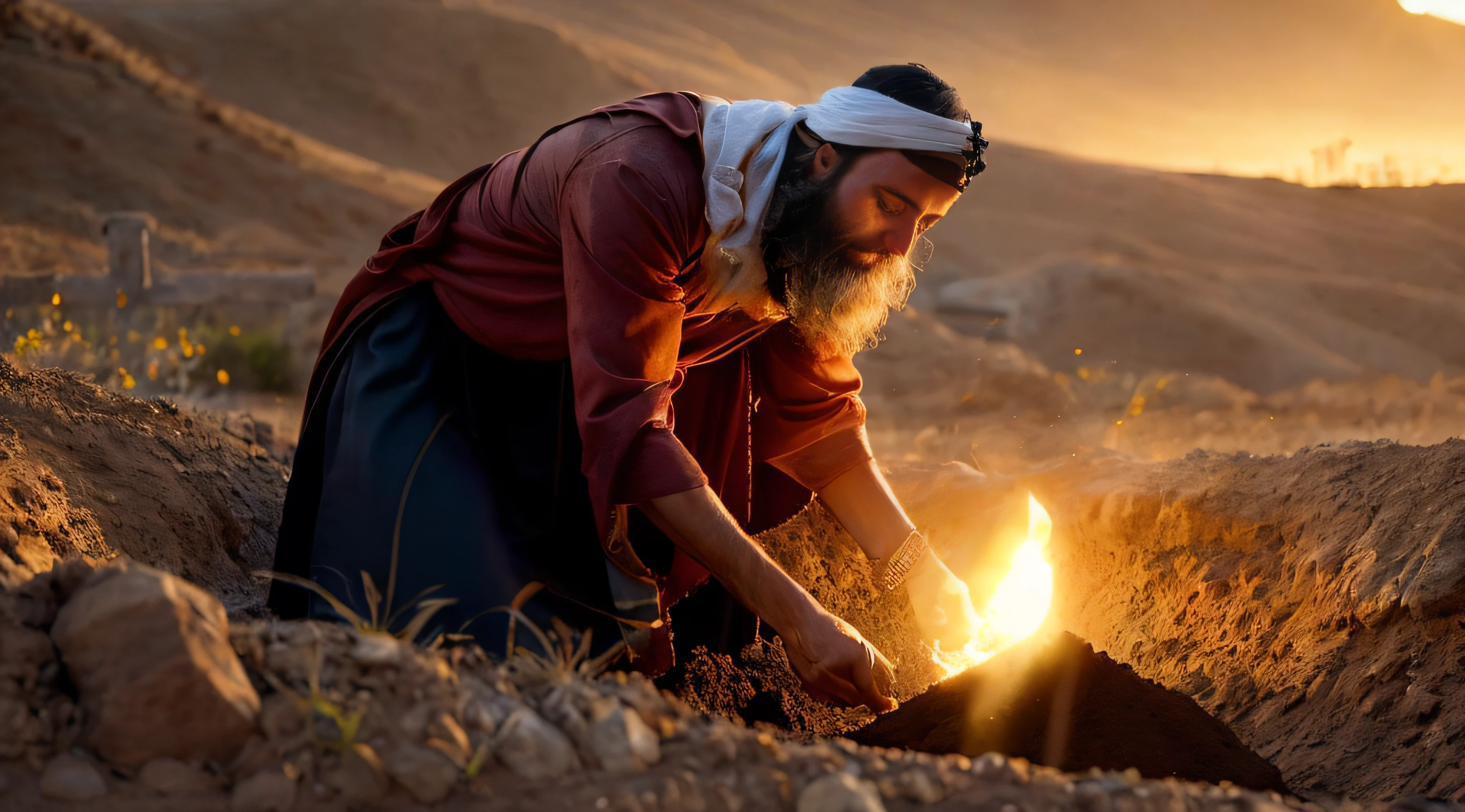 (((Ancient Israel)))、(((Biblical times)))、(((1st century)))、(((A disciple of Christ burying a treasure in the soil)))、8K、Raw photography、top-quality、masterpiece:1.5、ultra-lightweighthigh-resolution、Photorealsitic:1.5、ciinematic light、soft volumetric lighting:1.5、realisitic、Photorealsitic:1、Detailed skin、profetional lighting、a picture、foco nítido、detaileds、profetional lighting、photon maping、detailed and intricate environment、ighly detailed、top-quality、Artistic photography、photorrealistic concept art、soft natural volumetric cinematic perfect light、Midjourney、Detailed hand、
