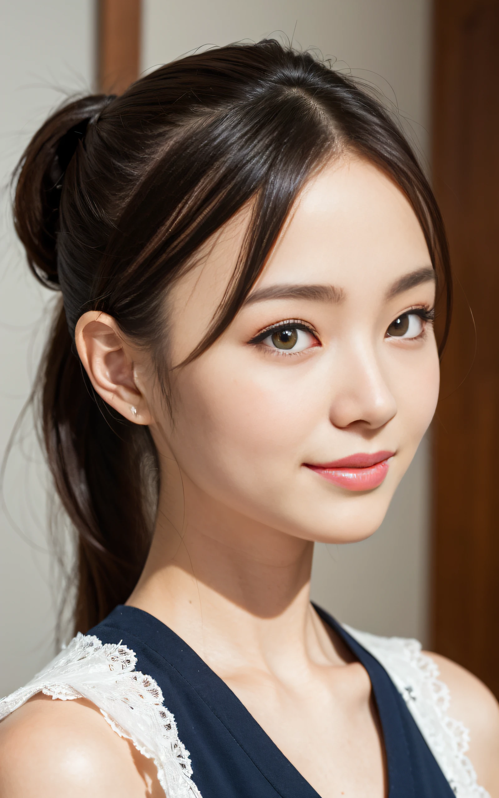 ((Best Quality, 8K, masutepiece: 1.3)), (Sharp Focus: 1.2), 1 girl, face shot, close-up, Neat and clean beauty, 20 years old, Japanese, looking away, Classy and elegant, slightly open mouth, Cute, Shy, A pretty girl with perfect figure, ((low ponytail hair,)), shyly smiling, Highly detailed face and skin texture, Detailed eyes, book librar