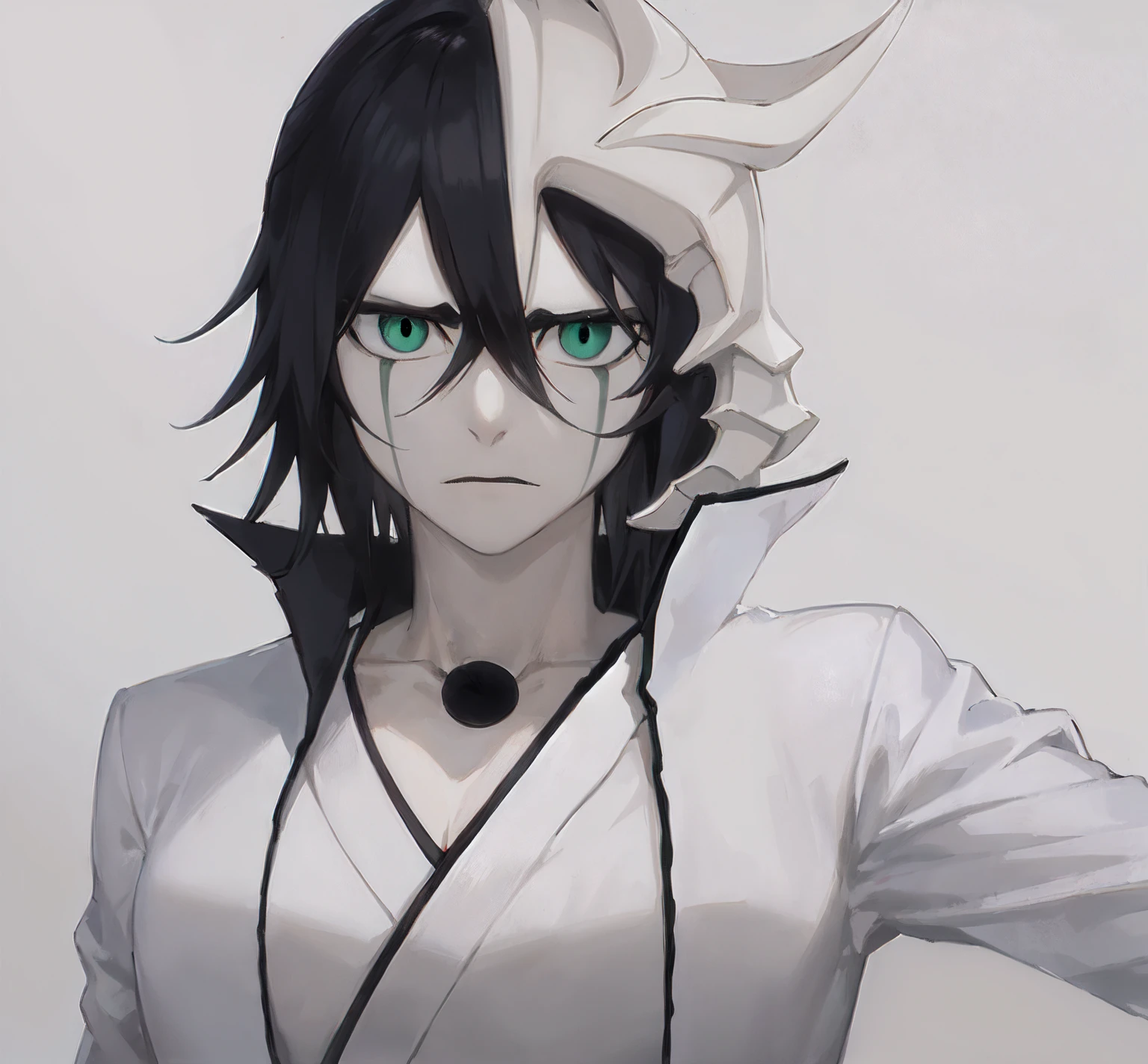 masterpiece, best quality, ulquiorra cifer, casual pose, deadpan expression, white background, calm face, neutral expression, looking ahead, black upper lip, no eyebrows, Arrancar clothing, white jacket, black sash, white hakama, jacket with long coattails, high collar, pure black hole on sternum, green lines which descend from the lower part of eyes