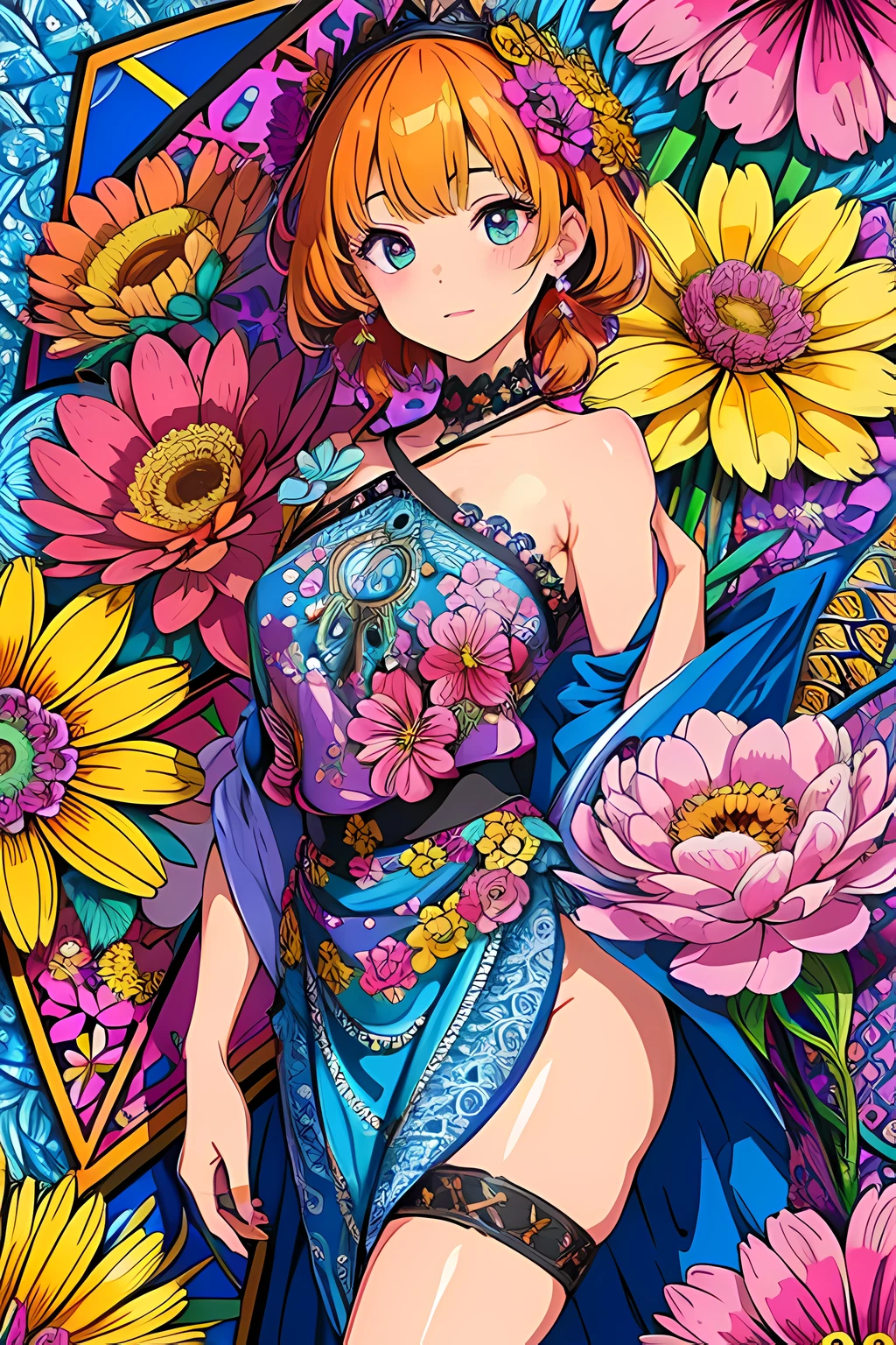(ultra-detailed background, detailed background), absurdres, highres, ultra detailed, extremly detailed, 1girl, (bunch of flowers:1.3), (zentangle:1.2), (geometric:1.2),(colorful),