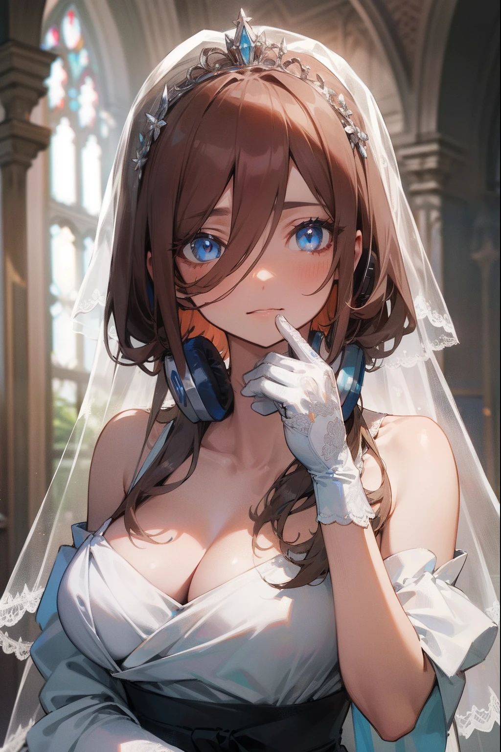 mikunakano, miku nakano, long hair, bangs, blue eyes, brown hair, hair between eyes, headphones, headphones around neck,
BREAK gloves, dress, cleavage, bare shoulders, collarbone, elbow gloves, white gloves, white dress, strapless, tiara, veil, strapless dress, wedding dress, bridal veil,,
BREAK indoors, church,
BREAK looking at viewer, BREAK (masterpiece:1.2), best quality, high resolution, unity 8k wallpaper, (illustration:0.8), (beautiful detailed eyes:1.6), extremely detailed face, perfect lighting, extremely detailed CG, (perfect hands, perfect anatomy),