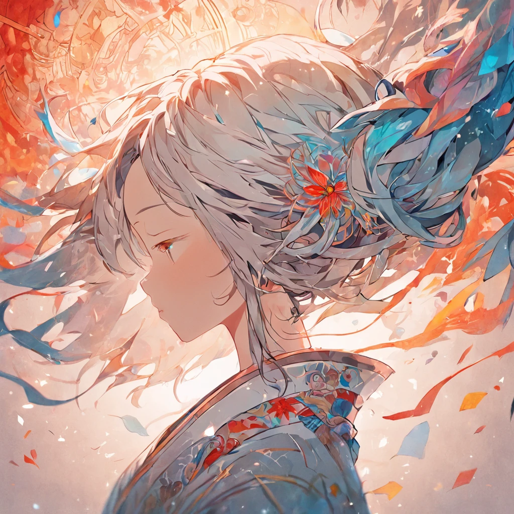 (White background:1.4),(Silhouette of a girl's head, Eyes closed, colorfull long hair, Oriental elements),(Chinese illustration:1.3,paper art:1.3, Quilted paper art:1.2),( reasonable design, Clear lines, High sharpness,Best quality, Very detailed, Masterpiece, movie light effect, 4K )