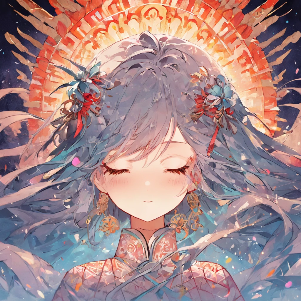 (White background:1.4),(Silhouette of a girl's head, Eyes closed, colorfull long hair, Oriental elements)，(Chinese illustration:1.3，paper art:1.3, Quilted paper art:1.2),( reasonable design, Clear lines, High sharpness,Best quality, Very detailed, Masterpiece, movie light effect, 4K )