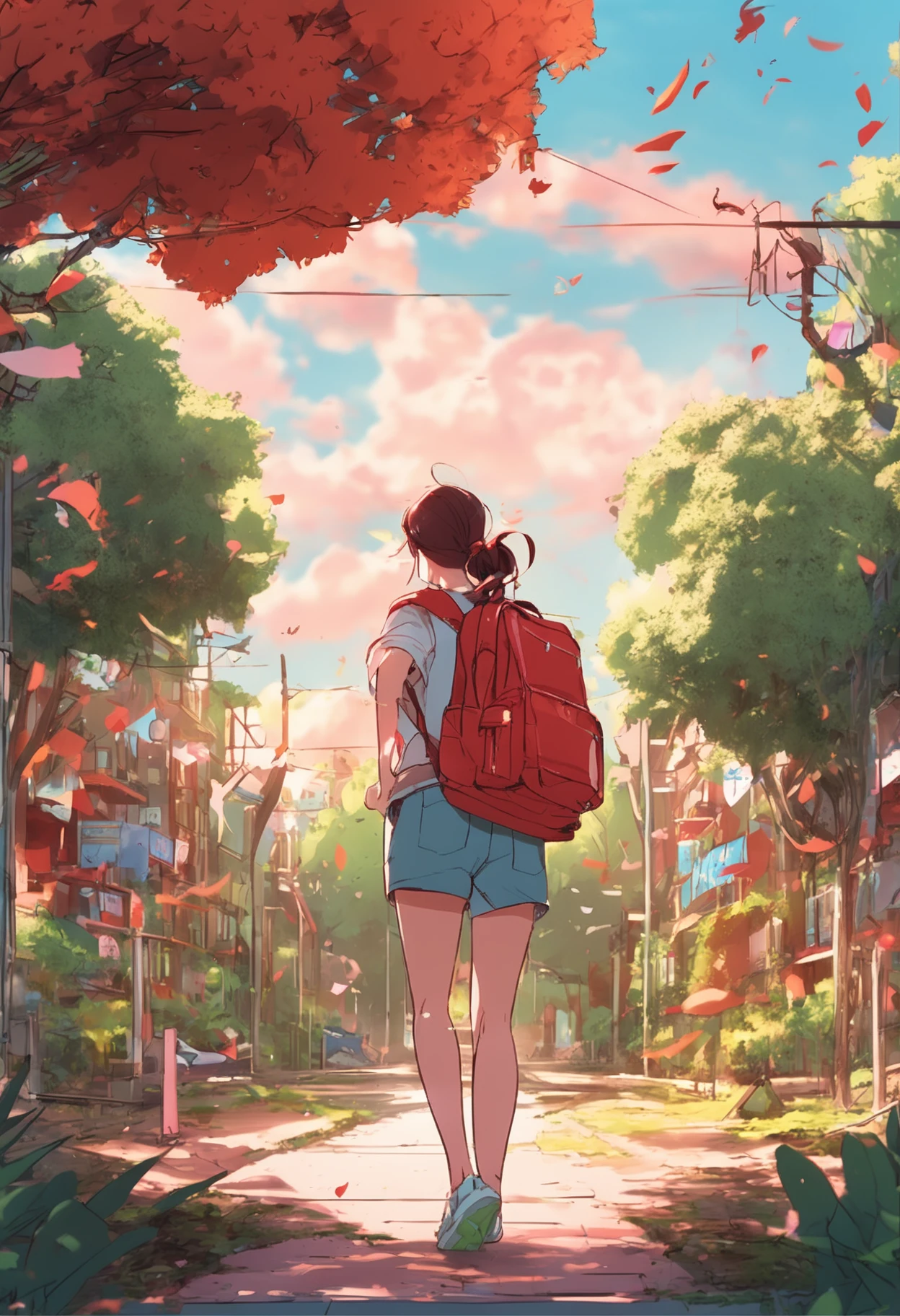Female students on campus、run、ssmile、Red runway playground、Big green tree、youthfulness