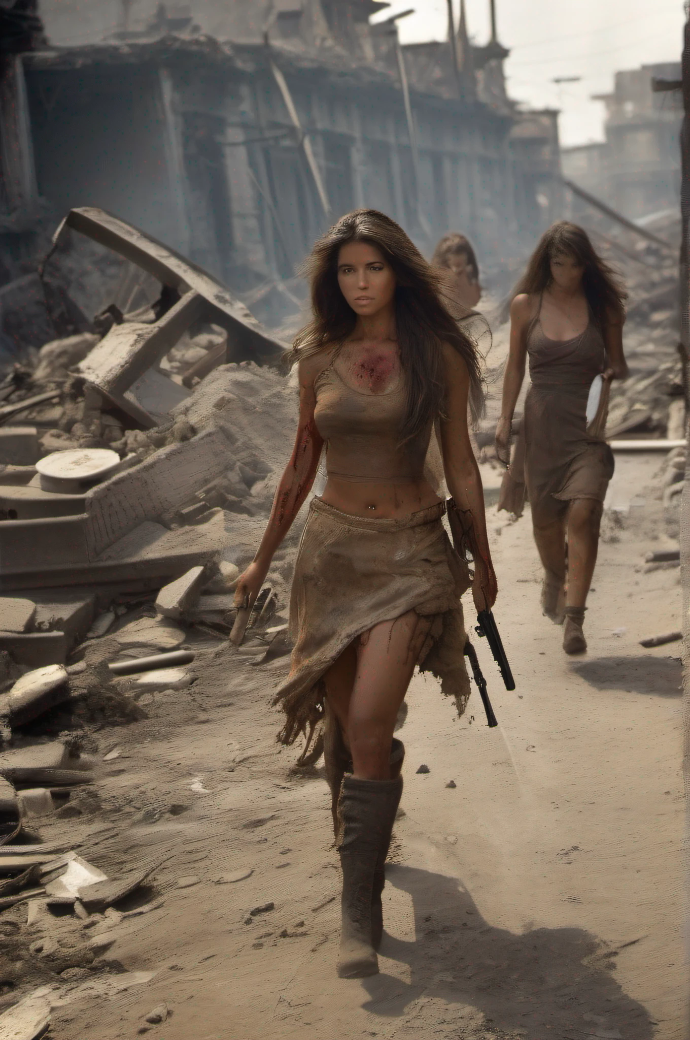 Five tanned women with very long hair stumbles through the streets of a ruined city with a naked wet upper body, and a bleeding gunshot wound in her left shoulder. An automatic rifle in her right hand, full of mud, blood, and wounds, and wearing a torn skirt. Explosions and fires ravaged the devastated city everywhere.