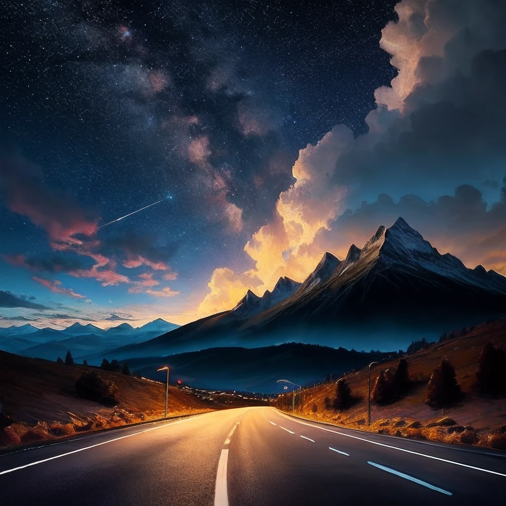 starry sky bright,clouds,Roads under the mountains,straight,Side and front perspectives,On the walk