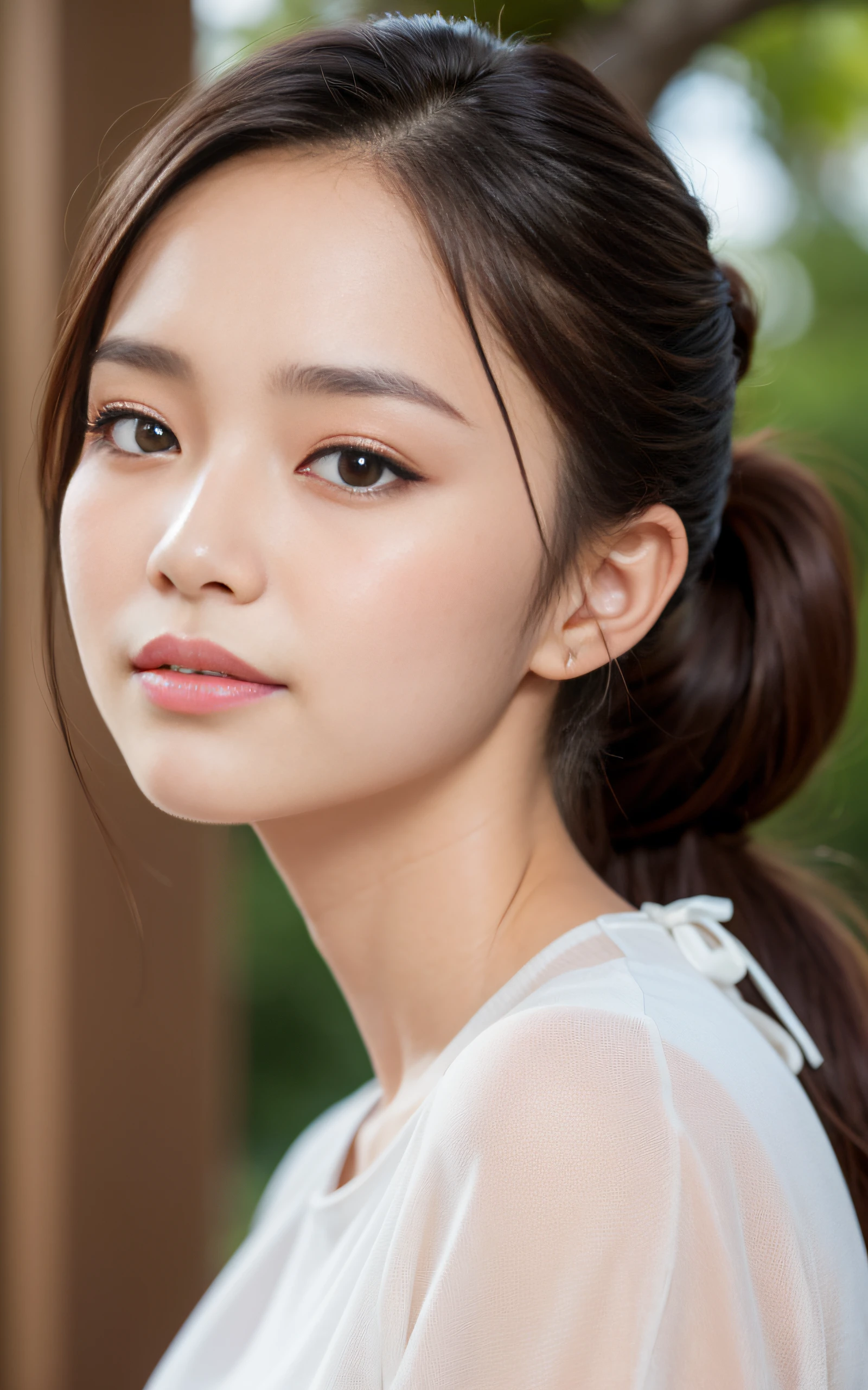 ((Best Quality, 8K, masutepiece: 1.3)), (Sharp Focus: 1.2), 1 girl, Face shot, close-up, Neat and clean beauty, 20 years old, Japanese, Looking away, Classy and elegant, Slightly open mouth, Cute, Shy, A pretty girl with perfect figure, ((low ponytail hair)), sad, Highly detailed face and skin texture, Detailed eyes, Book Librar