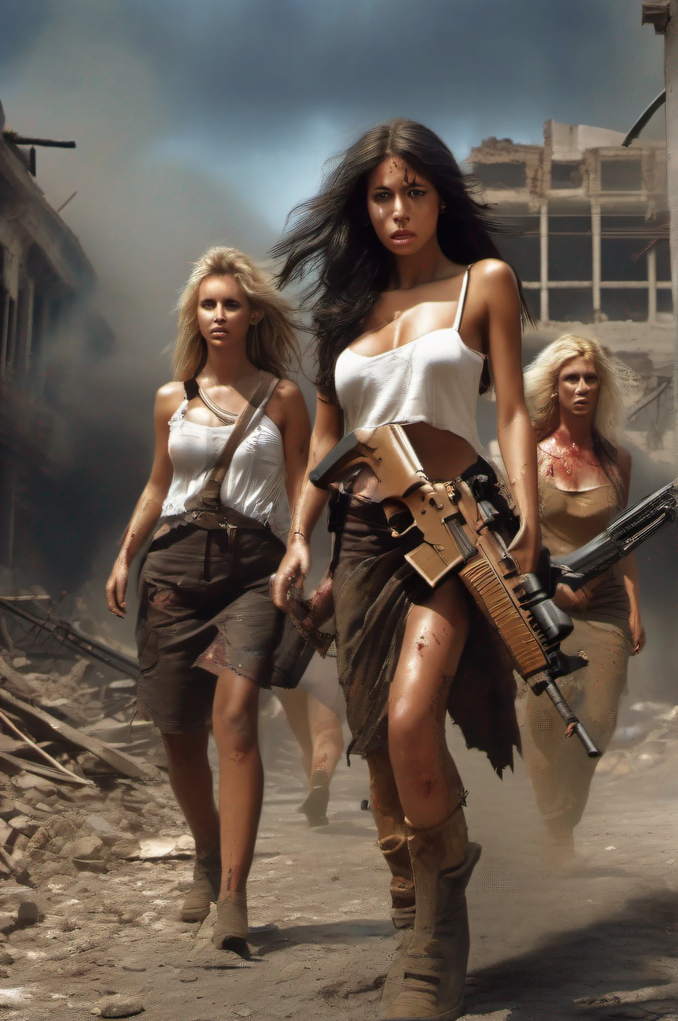 Five tanned women with very long hair stumbles through the streets of a ruined city with a naked wet upper body, and a bleeding gunshot wound in her left shoulder. An automatic rifle in her right hand, full of mud, blood, and wounds, and wearing a torn skirt. Explosions and fires ravaged the devastated city everywhere.