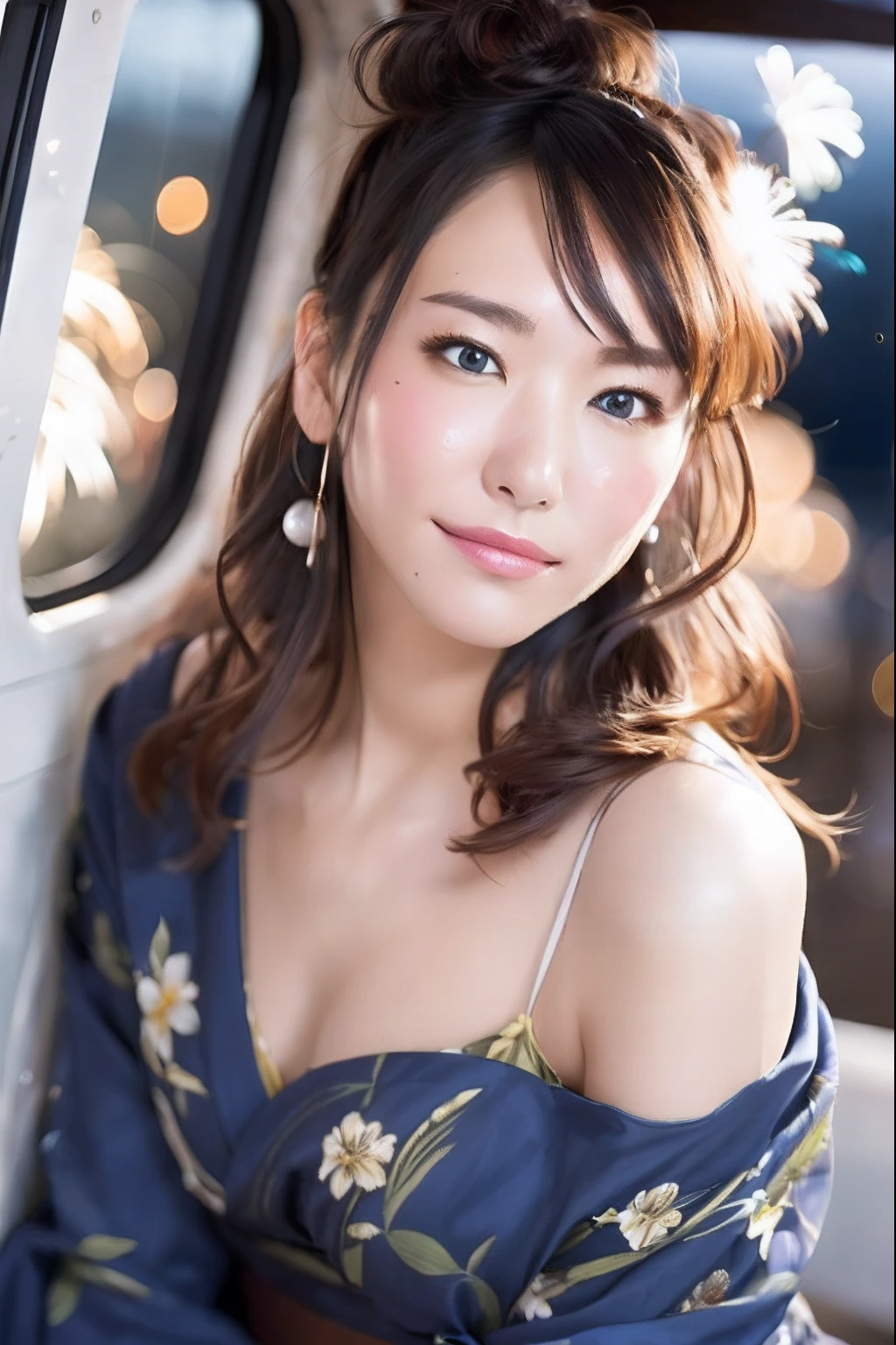 (masutepiece:1.3), High resolution, ultra-detailliert, the Extremely Detailed CG Unity 8K Wallpapers, Realistic, Photorealsitic, Raw photo, beautifull detailed face, pale skin, realistic glistening skin, Detailed Cloth Texture, detailed hair texture, Perfect body, Beautiful face, acurate, Anatomically correct, Highly detailed face and skin texture, Natural neck length, (Beautiful hands), Fair skin, (Aligned teeth:1.1), (Sweaty skin:1.3), ((Dim lighting:1.2)),
BREAK,
Detailed eyes, symmetrical eye, Light brown eyes, Double eyelids, Thin eyebrows, (Tearful eyes:1.1), (Glossy lips:1.4), ((Face waiting for a kiss:1.2)), (blush:1.1), (Small hair accessories that sparkle:1.1),
BREAK,
(Beautiful Woman 1.3), (Wearing a navy blue yukata:1.2), (The yukata has a floral pattern painted on it.:1.2),
BREAK,
medium large breasts, Slender figure, Firm abs,
((up do hairstyle, Dark blonde hair, Wavy Hair, Long hair, asymmetric bangs:1.2)), (Close Up Shot:1.2),
((Look at me with upturned eyes:1.2)), (Focus on Face:1.2), From above,
BREAK,
((Sitting side by side in the back seat of a helicopter in flight:1.1)), (((Scenery with lots of colorful fireworks outside the window at night:1.3))),