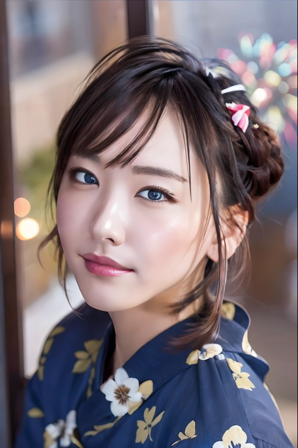 (masutepiece:1.3), High resolution, ultra-detailliert, the Extremely Detailed CG Unity 8K Wallpapers, Realistic, Photorealsitic, Raw photo, beautifull detailed face, pale skin, realistic glistening skin, Detailed Cloth Texture, detailed hair texture, Perfect body, Beautiful face, acurate, Anatomically correct, Highly detailed face and skin texture, Natural neck length, (Beautiful hands), Fair skin, (Aligned teeth:1.1), (Sweaty skin:1.3), ((Dim lighting:1.2)),
BREAK,
Detailed eyes, symmetrical eye, Light brown eyes, Double eyelids, Thin eyebrows, (Tearful eyes:1.1), (Glossy lips:1.4), ((Face waiting for a kiss:1.2)), (blush:1.1), (Small hair accessories that sparkle:1.1),
BREAK,
(Beautiful Woman 1.3), (Wearing a navy blue yukata:1.2), (The yukata has a floral pattern painted on it.:1.2),
BREAK,
medium large breasts, Slender figure, Firm abs,
((up do hairstyle, Dark blonde hair, Wavy Hair, Long hair, asymmetric bangs:1.2)), (Close Up Shot:1.2),
((Look at me with upturned eyes:1.2)), (Focus on Face:1.2), From above,
BREAK,
((Sitting side by side in the back seat of a helicopter in flight:1.1)), (((Scenery with lots of colorful fireworks outside the window at night:1.3))),
