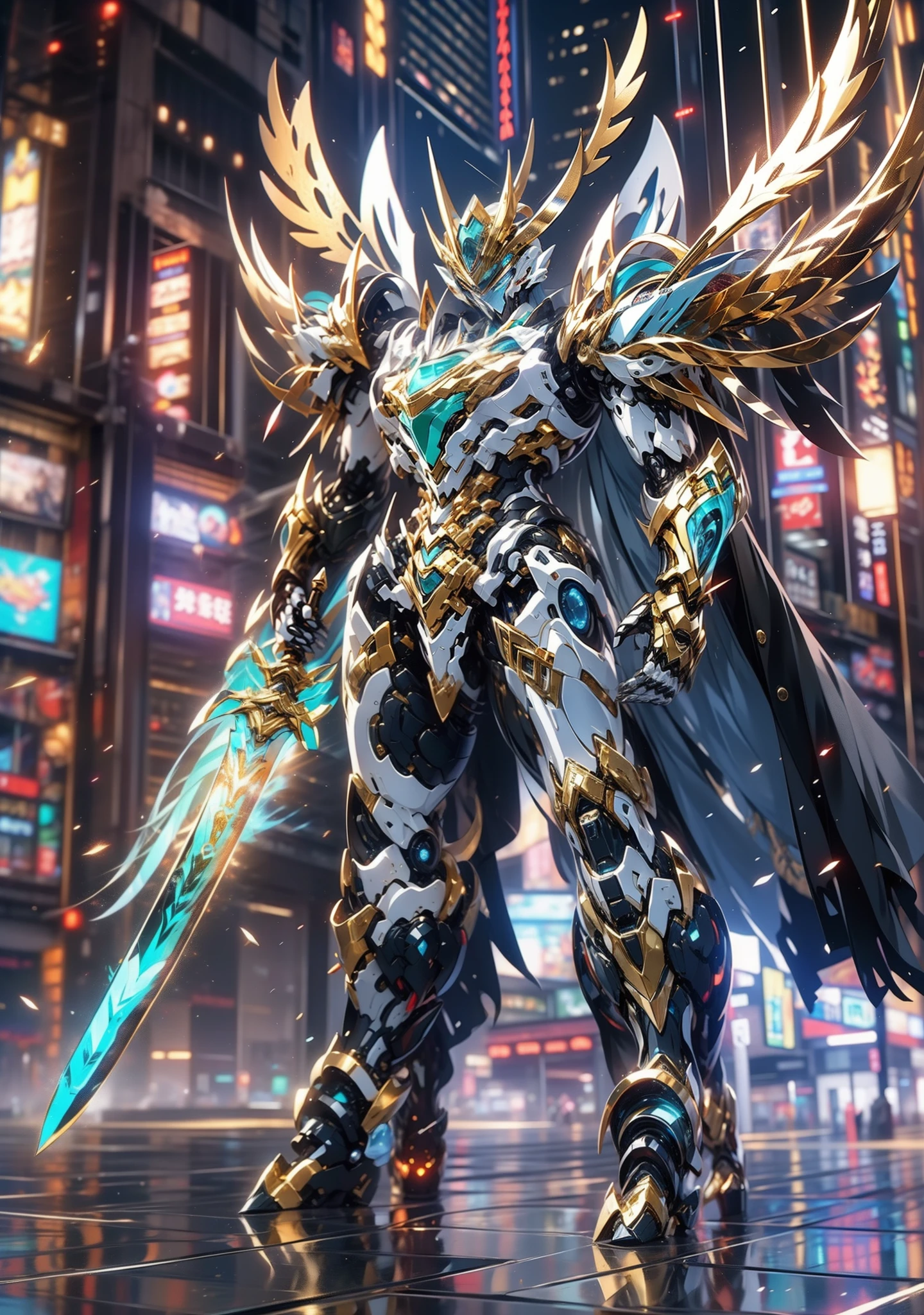 super wide shot, Full body frontal photo,Mecha male warrior， Jade Emperor style,《The mech colors are gold and silver-white》，（《Holding the Xuanyuan sword》，The sword is full of futuristic technology，），（Full body mecha）, Keqing from Genshin Impact, (Masterpiece) ， The best quality， High quality，Gold armor，电影灯光， （Exquisite future）， Beautiful and beautiful， Ultra detailed， great composition， Floating， Depth of field， （Very detailed CG，Unity 8k壁纸）， （Beautiful detail background）， dramatic lights， GOGETTA， Mecha，best qualtiy，超高分辨率，