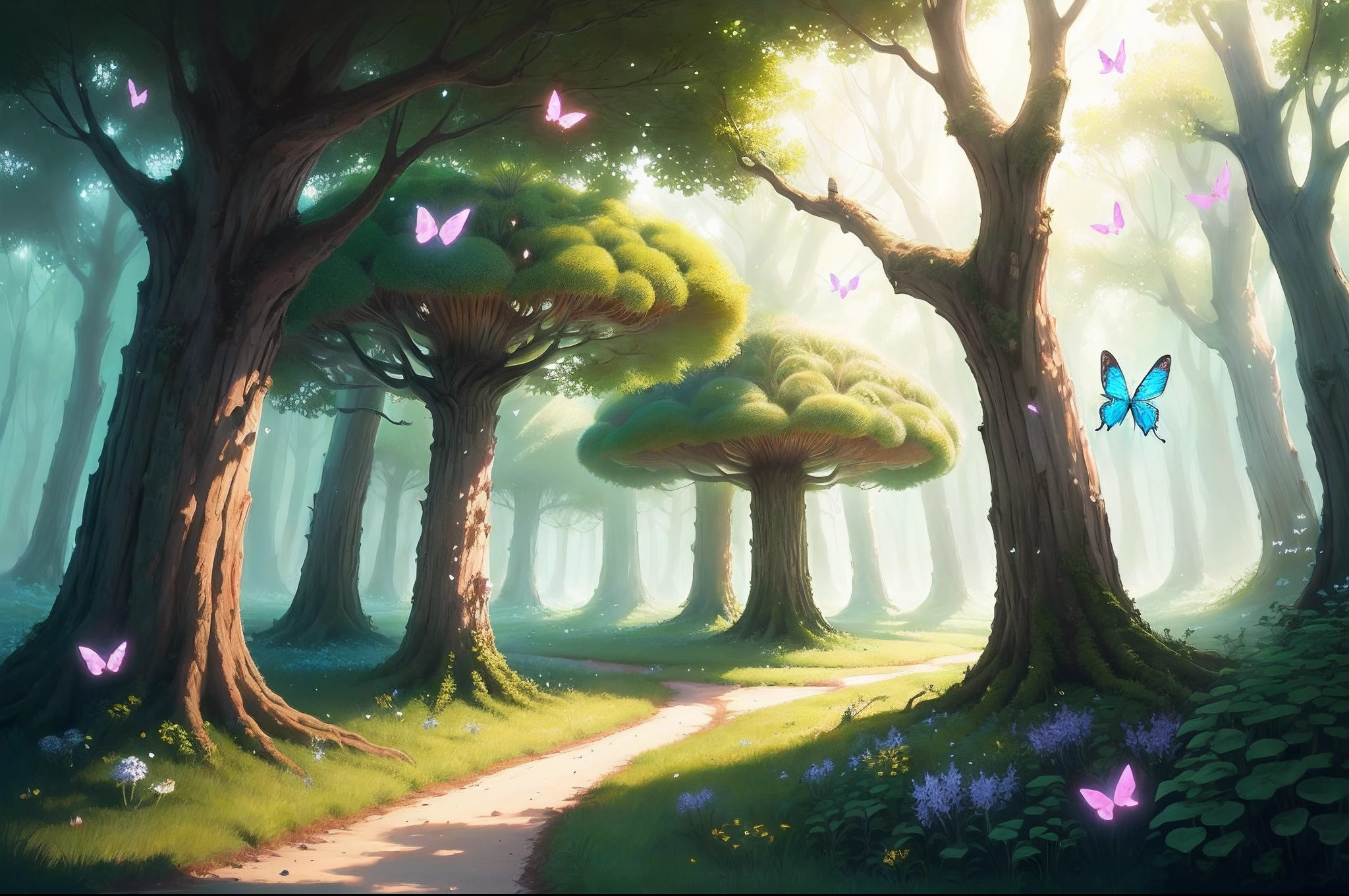 a mushroom forest with flying butterflies, and flying dragonflies