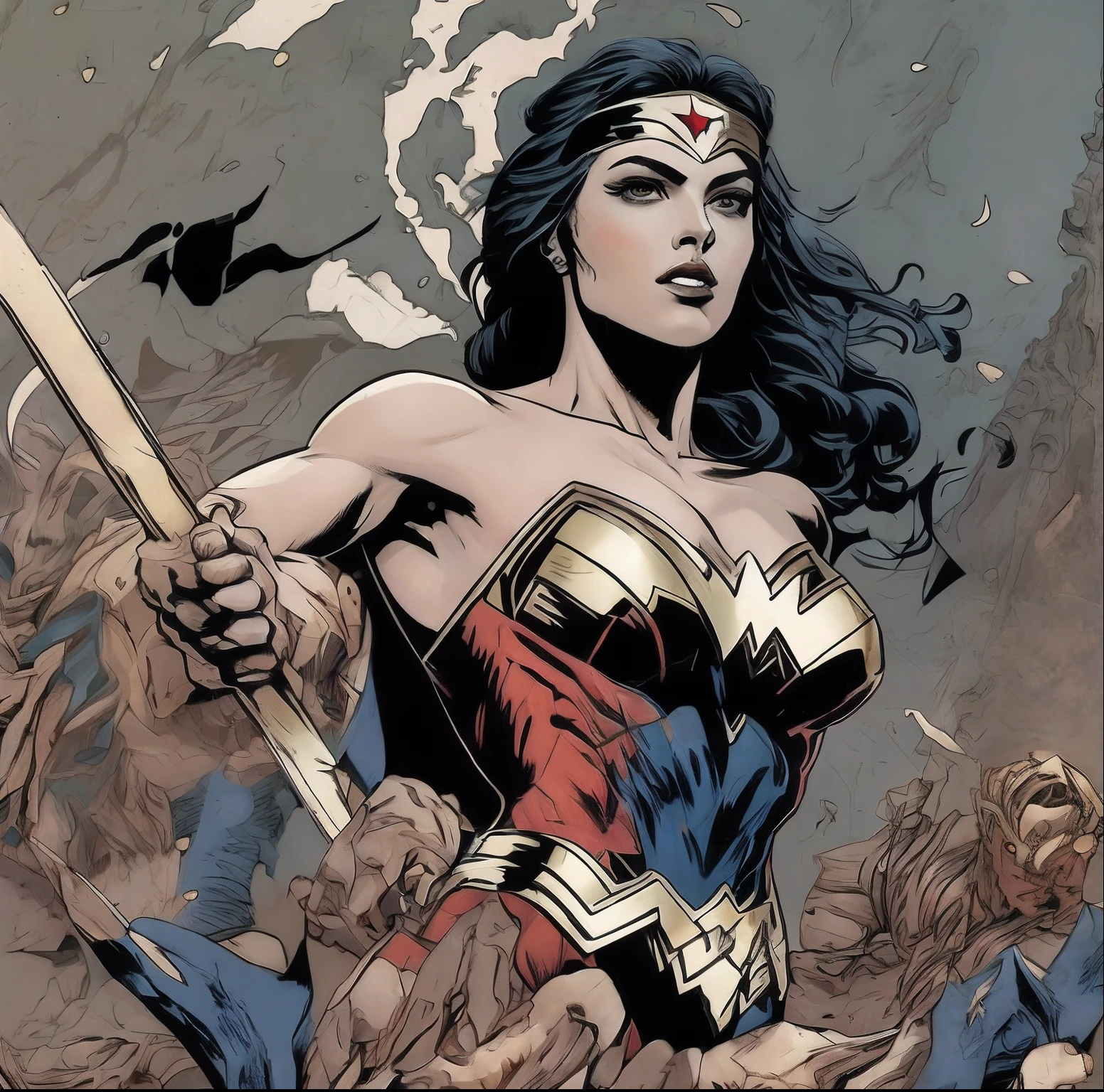 Wonder Woman's clothes are ripped and dried