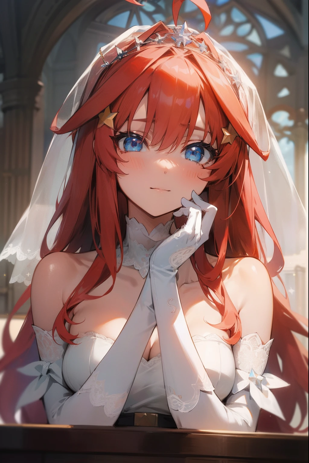 itsukinakano, itsuki nakano, bangs, blue eyes, hair between eyes, ahoge, red hair, star \(symbol\), hair ornament, star hair ornament,
BREAK gloves, dress, cleavage, bare shoulders, collarbone, elbow gloves, white gloves, white dress, strapless, tiara, veil, strapless dress, wedding dress, bridal veil,
BREAK indoors, church,
BREAK looking at viewer, BREAK (masterpiece:1.2), best quality, high resolution, unity 8k wallpaper, (illustration:0.8), (beautiful detailed eyes:1.6), extremely detailed face, perfect lighting, extremely detailed CG, (perfect hands, perfect anatomy),