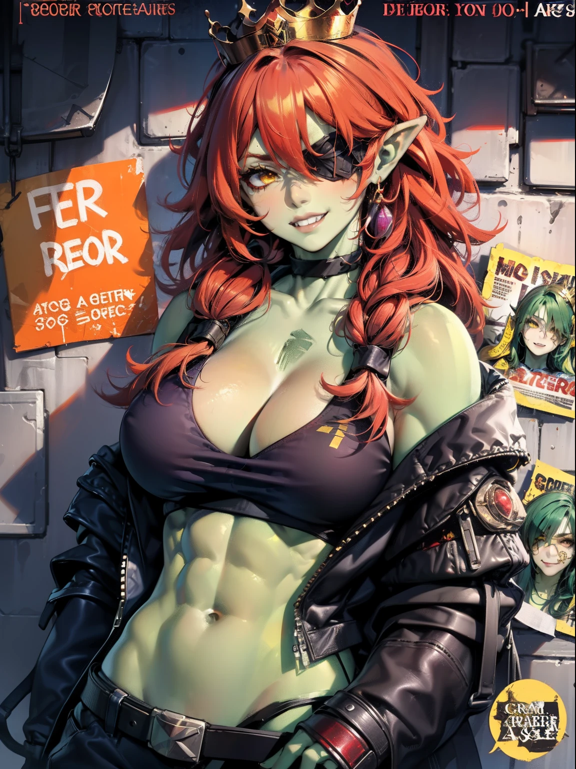 1girl,solo,yellow eyes,red hair,long hair, orc,orc girl,colored skin,green skin,huge breasts,(crown) ,jacket,tank top,eyepatch,muscular female, smirk, upper body,looking at viewer,magazine cover,
