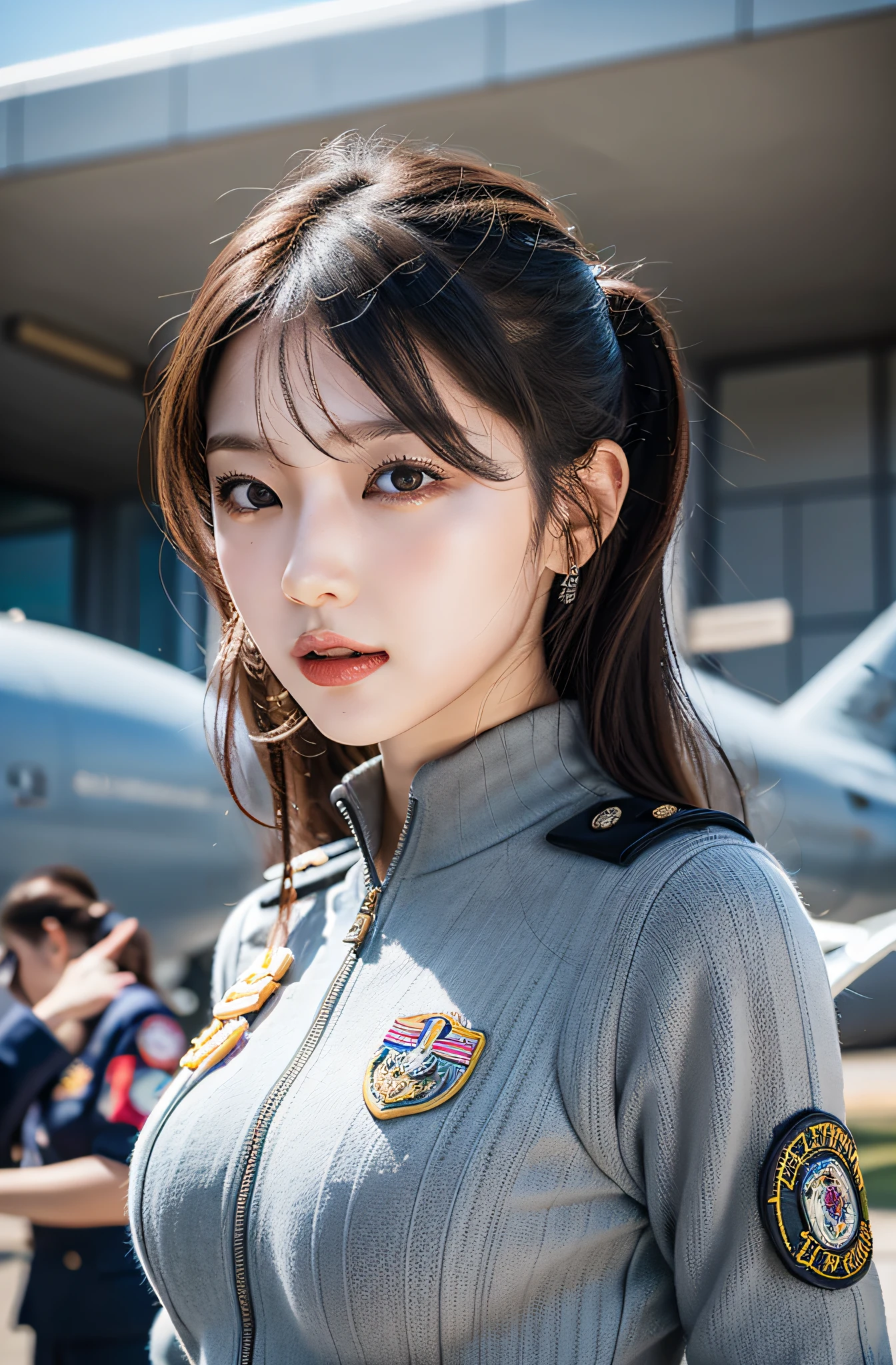 Eri Kamei, Morning Musume。, Dressed in the uniform of an Air Force pilot. The stage is a military air base with fighter jets in the background.. She wears the iconic pilot jumpsuit, With badges and patches, And the pilot's helmet under her arm. confident facial expression, Capture the essence of skilled pilots. Lighting is、Highlights the metallic luster of the aircraft and the details of her uniform. The colors are rich and vivid, The blue of the sky is、Contrasts the gray of the jet with the green of the ground. The composition is a close-up shot, Focus on her face and upper body, Fighters provide a powerful backdrop.
--ar 16:9 - V5.1 --Style raw --Q 2 --S 750