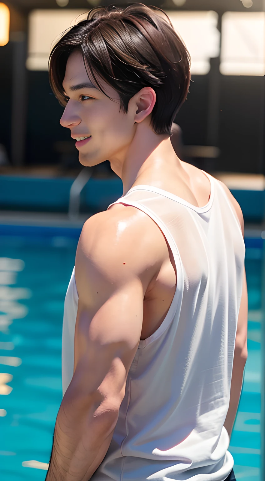 ((Men only)), (head shot), (back view), (), (Handsome muscle man in his 30s), (smile), (dark white tank top), (at the poolside), (detaile: 1 in 1), Natural muscles, HIG quality, beautidful eyes, (Detailed face and eyes), (Face、: 1 / 2), Noise, Real Photographics、... ..................................................................................................................PSD, Sharp Focus, High resolution 8K, realisitic & Professional Photography, 8K UHD, Soft lighting, High quality, Film grain, FujifilmXT3