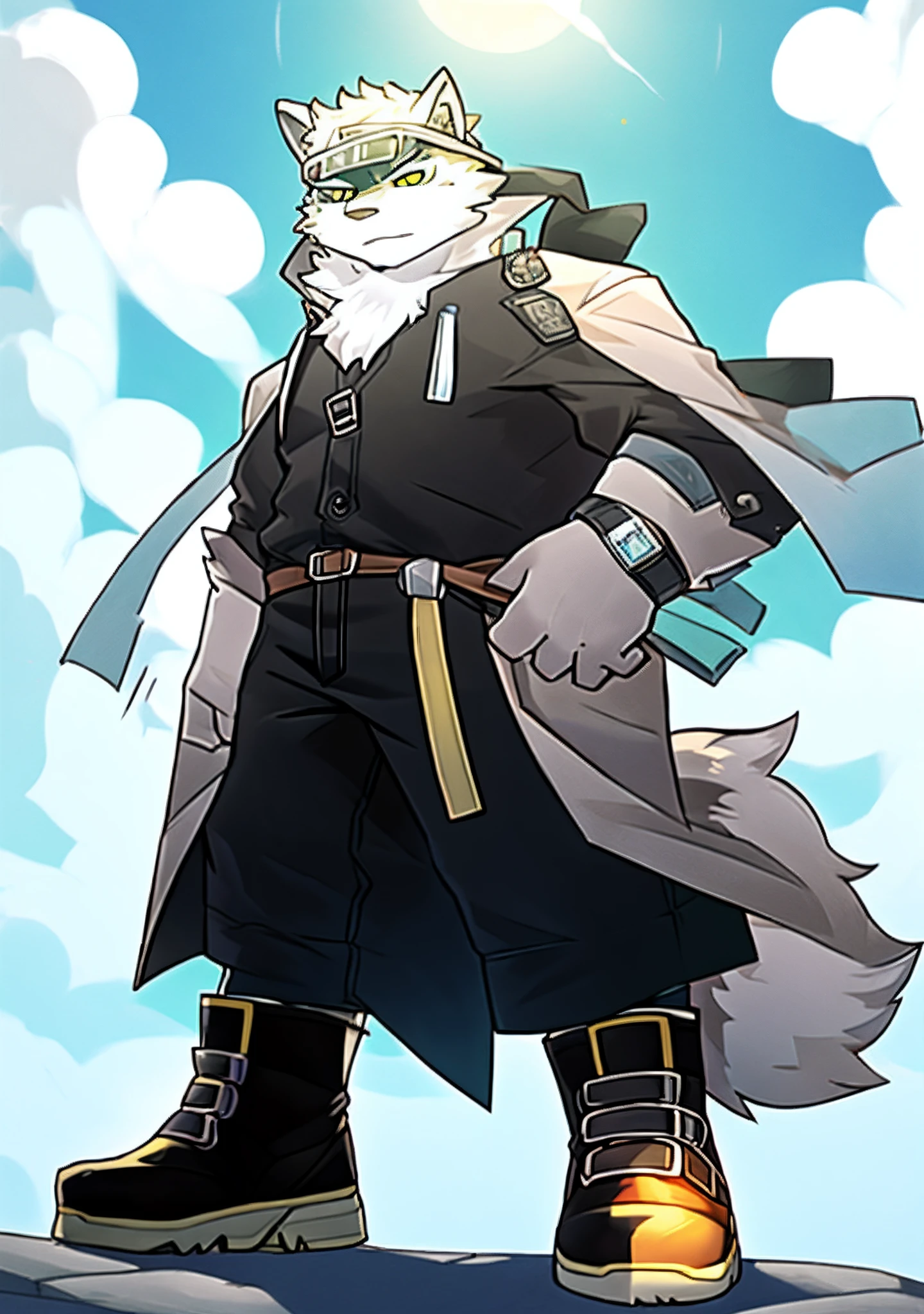 solo person,White body,musculature,low head,look up to,The expression is serious,(doctor outfit,White boots,Gray pattern:1.2), Wolf tail, Wolf ears, ((half-body portrait)), outside,lantern,shadowing (Soft lighting):1.3,Manteau blanc,The anatomical position is correct,minimalistic background,Cartoony,cold shades,Soft lines,Coordinated limb proportions