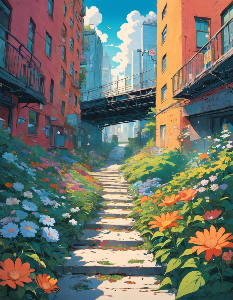 an illustration of a bridge and the city with lots of flowers, in the style of vivid comic book artist, the new york school, robert munsch, conceptual street art, cinestill 50d, naturalistic depictions of flora and fauna, playful cartoons