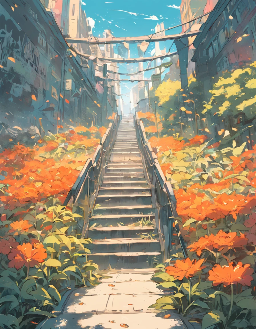 an illustration of a bridge and the city with lots of flowers, in the style of vivid comic book artist, the new york school, robert munsch, conceptual street art, cinestill 50d, naturalistic depictions of flora and fauna, playful cartoons