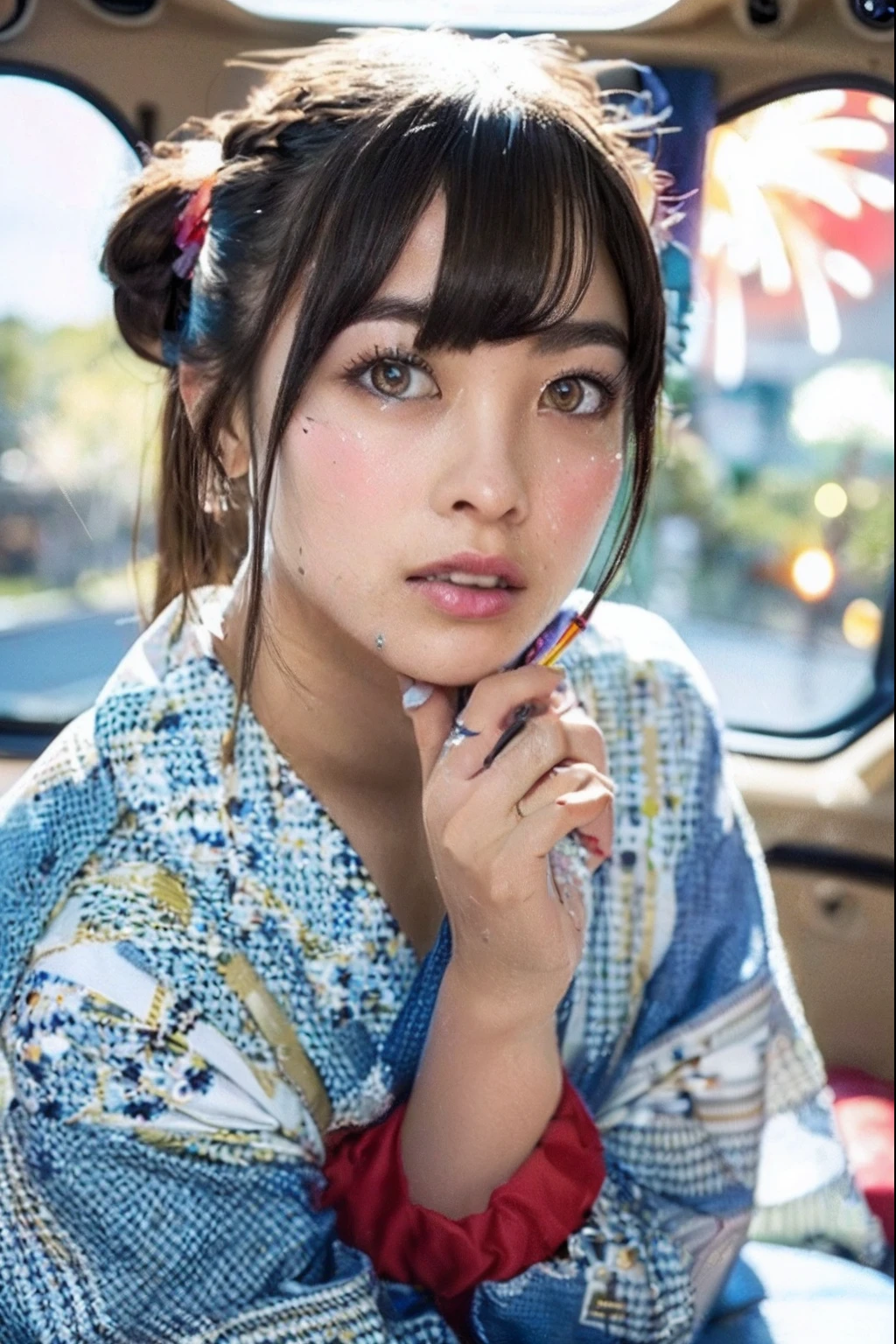 (masutepiece:1.3), High resolution, ultra-detailliert, the Extremely Detailed CG Unity 8K Wallpapers, Realistic, Photorealsitic, Raw photo, beautifull detailed face, pale skin, realistic glistening skin, Detailed Cloth Texture, detailed hair texture, Perfect body, Beautiful face, acurate, Anatomically correct, Highly detailed face and skin texture, Natural neck length, (Beautiful hands), Fair skin, (Aligned teeth:1.1), (Sweaty skin:1.3), ((Dim lighting:1.2)),
BREAK,
Detailed eyes, symmetrical eye, Light brown eyes, Double eyelids, Thin eyebrows, (Tearful eyes:1.1), (Glossy lips:1.4), ((Face waiting for a kiss:1.2)), (blush:1.1), (Small hair accessories that sparkle:1.1),
BREAK,
(Beautiful Woman 1.3), (Wearing a navy blue yukata:1.2), (The yukata has a floral pattern painted on it..:1.2),
BREAK,
medium large breasts, Slender figure, Firm abs,
((up do hairstyle, Dark blonde hair, Wavy Hair, Long hair, asymmetric bangs:1.2)), (Close Up Shot:1.2),
((Look at me with upturned eyes:1.2)), (Focus on Face:1.2), From above,
BREAK,
((Sitting side by side in the back seat of a helicopter in flight:1.1)), (((Landscape with lots of colorful fireworks outside the window at night:1.3))),