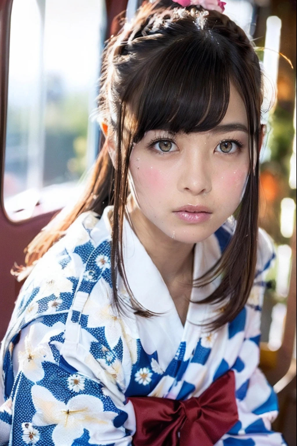 (masutepiece:1.3), High resolution, ultra-detailliert, the Extremely Detailed CG Unity 8K Wallpapers, Realistic, Photorealsitic, Raw photo, beautifull detailed face, pale skin, realistic glistening skin, Detailed Cloth Texture, detailed hair texture, Perfect body, Beautiful face, acurate, Anatomically correct, Highly detailed face and skin texture, Natural neck length, (Beautiful hands), Fair skin, (Aligned teeth:1.1), (Sweaty skin:1.3), ((Dim lighting:1.2)),
BREAK,
Detailed eyes, symmetrical eye, Light brown eyes, Double eyelids, Thin eyebrows, (Tearful eyes:1.1), (Glossy lips:1.4), ((Face waiting for a kiss:1.2)), (blush:1.1), (Small hair accessories that sparkle:1.1),
BREAK,
(Beautiful Woman 1.3), (Wearing a navy blue yukata:1.2), (The yukata has a floral pattern painted on it..:1.2),
BREAK,
medium large breasts, Slender figure, Firm abs,
((up do hairstyle, Dark blonde hair, Wavy Hair, Long hair, asymmetric bangs:1.2)), (Close Up Shot:1.2),
((Look at me with upturned eyes:1.2)), (Focus on Face:1.2), From above,
BREAK,
((Sitting side by side in the back seat of a helicopter in flight:1.1)), (((Landscape with lots of colorful fireworks outside the window at night:1.3))),