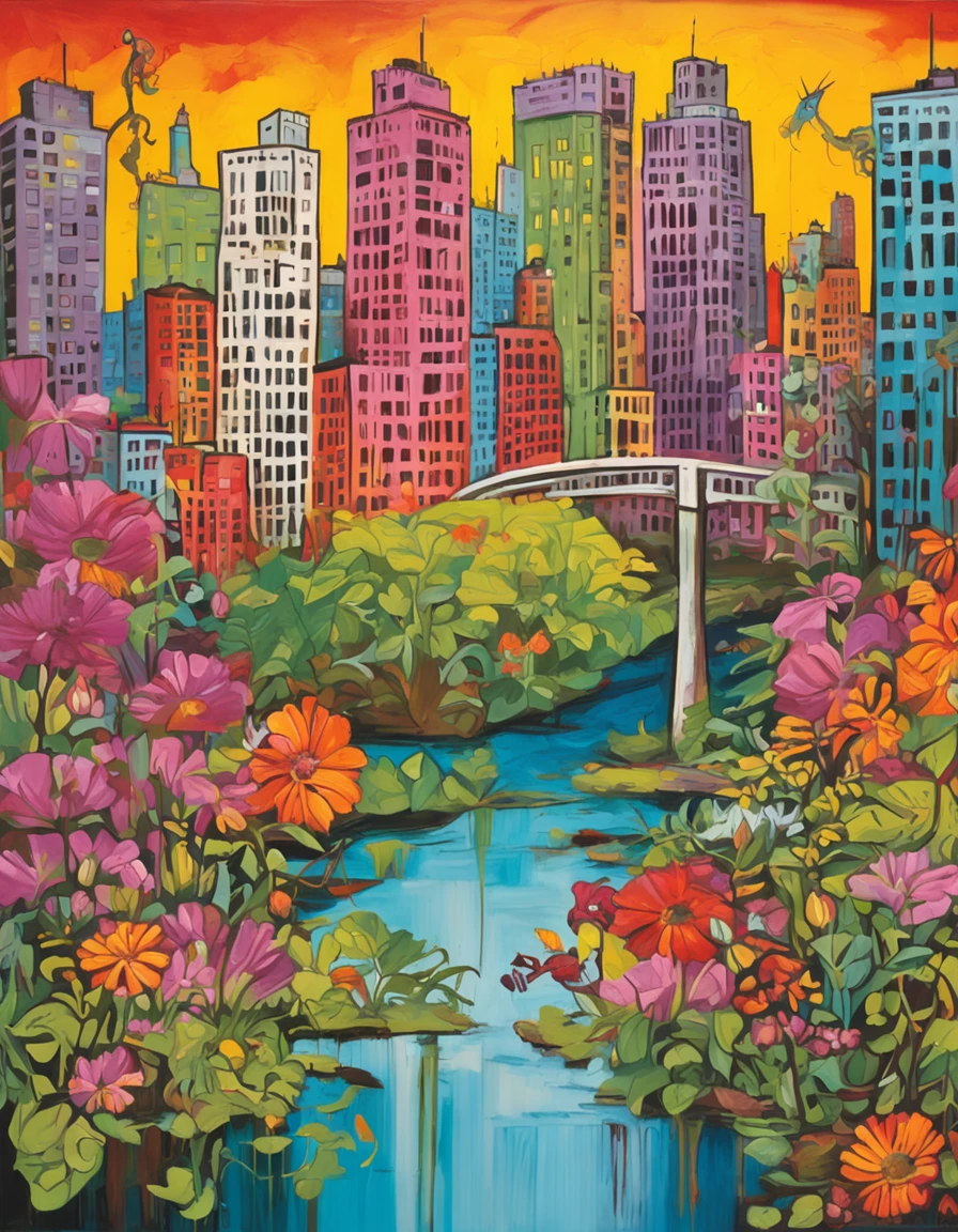 an illustration of a bridge and the city with lots of flowers, in the style of vivid comic book artist, the new york school, robert munsch, conceptual street art, cinestill 50d, naturalistic depictions of flora and fauna, playful cartoons