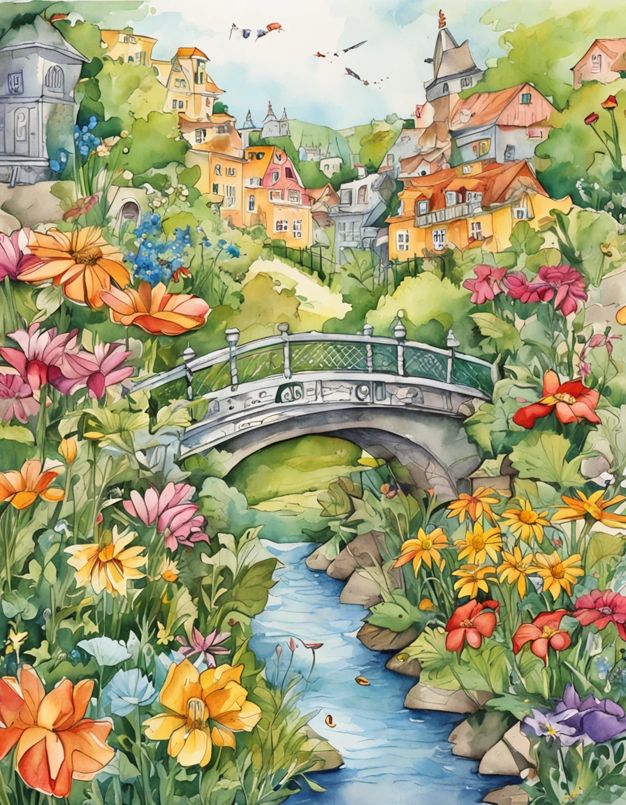 an illustration of a bridge and the city with lots of flowers, in the style of vivid comic book artist, the new york school, robert munsch, conceptual street art, cinestill 50d, naturalistic depictions of flora and fauna, playful cartoons