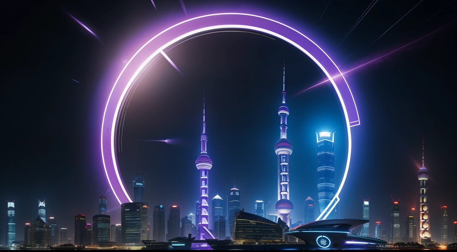 Future wars，The lens is shot from top to bottom，The entire city of Shanghai is protected by a blue-purple protective cover，In order to fend off all kinds of alien attacks，The details of Shanghai are very specific，The energy shield covers the entire periphery of Shanghai in a semi-circle