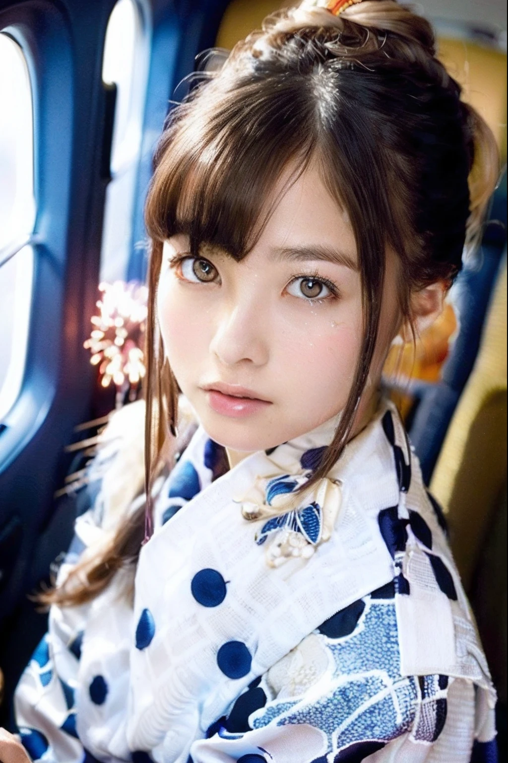 (masutepiece:1.3), High resolution, ultra-detailliert, the Extremely Detailed CG Unity 8K Wallpapers, Realistic, Photorealsitic, Raw photo, beautifull detailed face, pale skin, realistic glistening skin, Detailed Cloth Texture, detailed hair texture, Perfect body, Beautiful face, acurate, Anatomically correct, Highly detailed face and skin texture, Natural neck length, (Beautiful hands), Fair skin, (Aligned teeth:1.1), (Sweaty skin:1.3), ((Dim lighting:1.2)),
BREAK,
Detailed eyes, symmetrical eye, Light brown eyes, Double eyelids, Thin eyebrows, (Tearful eyes:1.1), (Glossy lips:1.4), ((Face waiting for a kiss:1.2)), (blush:1.1), (Small hair accessories that sparkle:1.1),
BREAK,
(Beautiful Woman 1.3), (Wearing a navy blue yukata:1.2), (The yukata has a floral pattern painted on it..:1.2),
BREAK,
medium large breasts, Slender figure, Firm abs,
((up do hairstyle, Dark blonde hair, Wavy Hair, Long hair, asymmetric bangs:1.2)), (Close Up Shot:1.2),
((Look at me with upturned eyes:1.2)), (Focus on Face:1.2), From above,
BREAK,
((Sitting side by side in the back seat of a helicopter in flight:1.1)), (((Landscape with lots of colorful fireworks outside the window at night:1.3))),