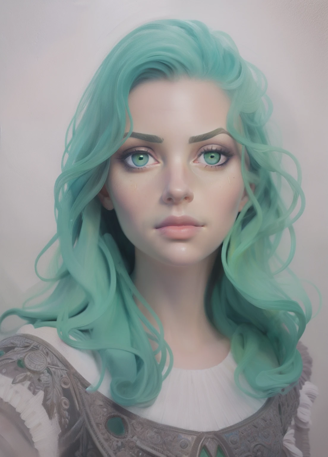 1girl, portrait, oil painting, modern, realistic proportions, dark green eyes, beautiful face, symmetrical face, symmetrical eyes, dynamic pose, intricate, intricate details, sharp focus