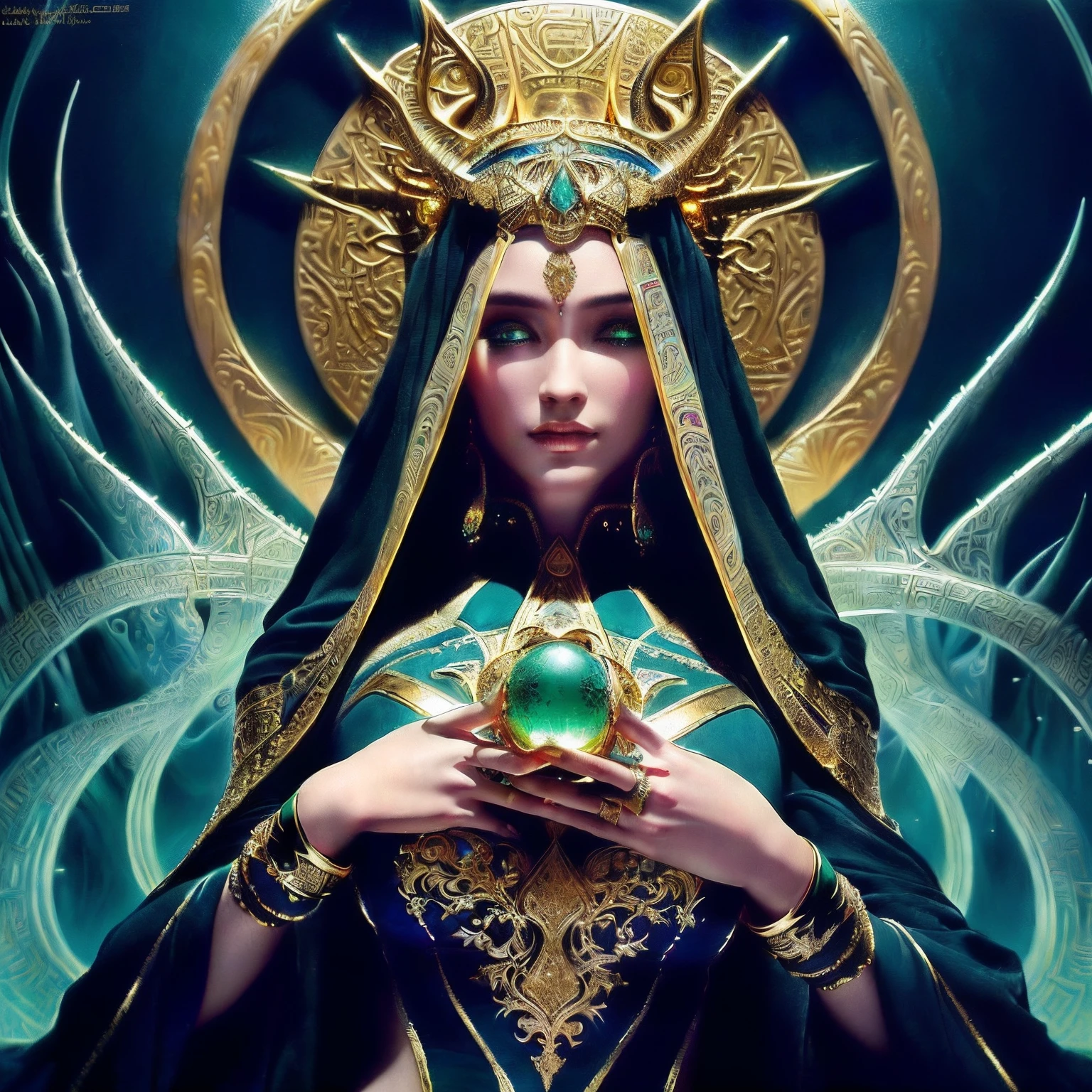 A golden magic ring，It is finely distributed with hieroglyphics，Set with green diamonds, Bright colors, photore，realisticlying, Dark, sandy, Mucha, Klimt, erte 12k, High definition, Cinematic, neoprene, winner of the behance contest,Jewelry is presented on Unsplash, Stylized digital art, smooth, hyper HD, 8K, Unreal Mechanics 5, super sharp focus, Intricate, menacing, Epic artwork, TanvirTamim, Trend at Artstation, By Artgerm, h. r. Giger and Beksinski, Highly detailed, vibrant