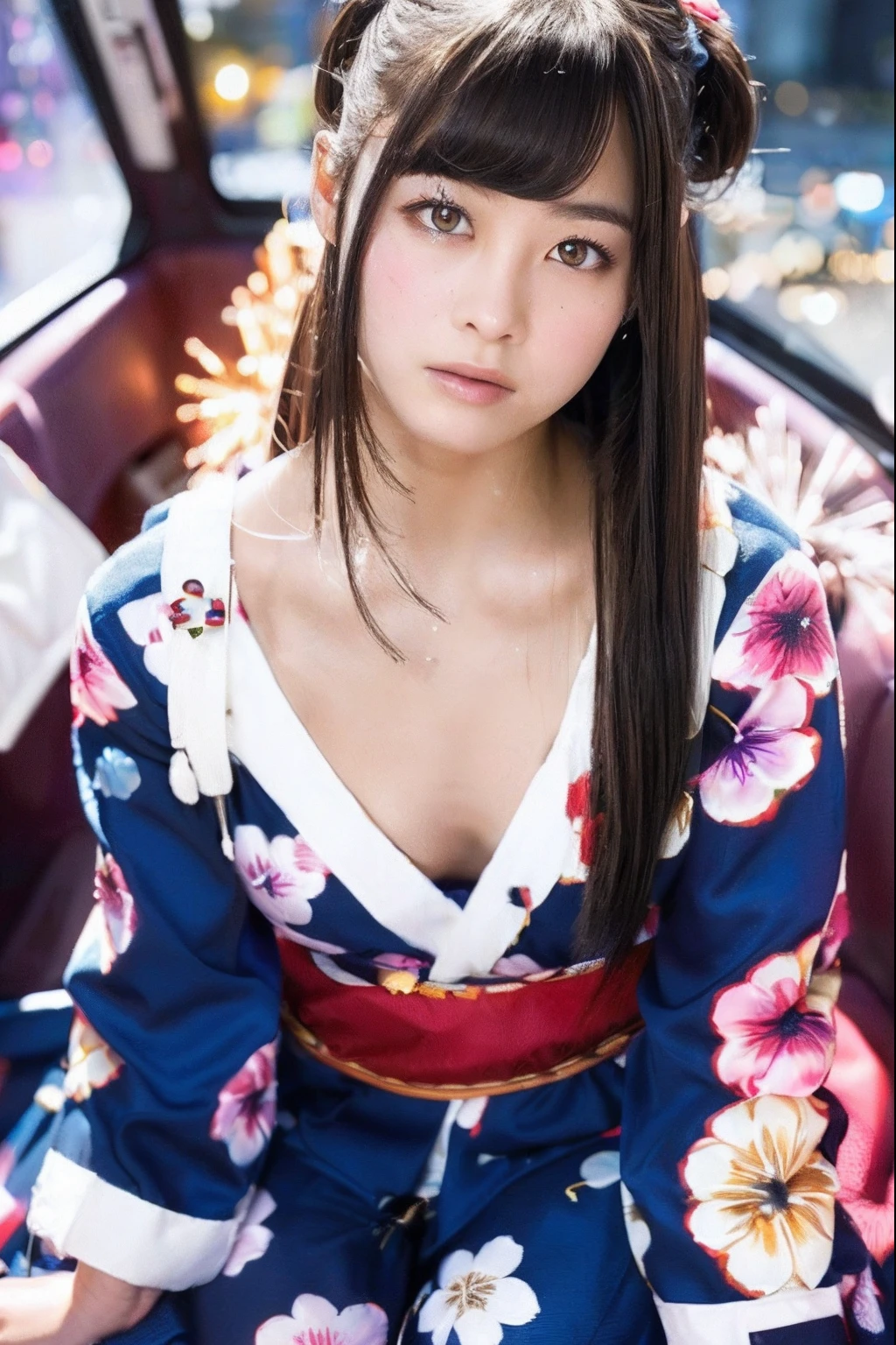 (masutepiece:1.3), High resolution, ultra-detailliert, the Extremely Detailed CG Unity 8K Wallpapers, Realistic, Photorealsitic, Raw photo, beautifull detailed face, pale skin, realistic glistening skin, Detailed Cloth Texture, detailed hair texture, Perfect body, Beautiful face, acurate, Anatomically correct, Highly detailed face and skin texture, Natural neck length, (Beautiful hands), Fair skin, (Aligned teeth:1.1), (Sweaty skin:1.3), ((Dim lighting:1.2)),
BREAK,
Detailed eyes, symmetrical eye, Light brown eyes, Double eyelids, Thin eyebrows, (Tearful eyes:1.1), (Glossy lips:1.4), ((Face waiting for a kiss:1.2)), (blush:1.1), (Small hair accessories that sparkle:1.1),
BREAK,
(Beautiful Woman 1.3), (Wearing a navy blue yukata:1.2), (The yukata has a floral pattern painted on it..:1.2),
BREAK,
medium large breasts, Slender figure, Firm abs,
((up do hairstyle, Dark blonde hair, Wavy Hair, Long hair, asymmetric bangs:1.2)), (Close Up Shot:1.2),
((Look at me with upturned eyes:1.2)), (Focus on Face:1.2), From above,
BREAK,
((Sitting side by side in the back seat of a helicopter in flight:1.1)), (((Landscape with lots of colorful fireworks outside the window at night:1.3))),