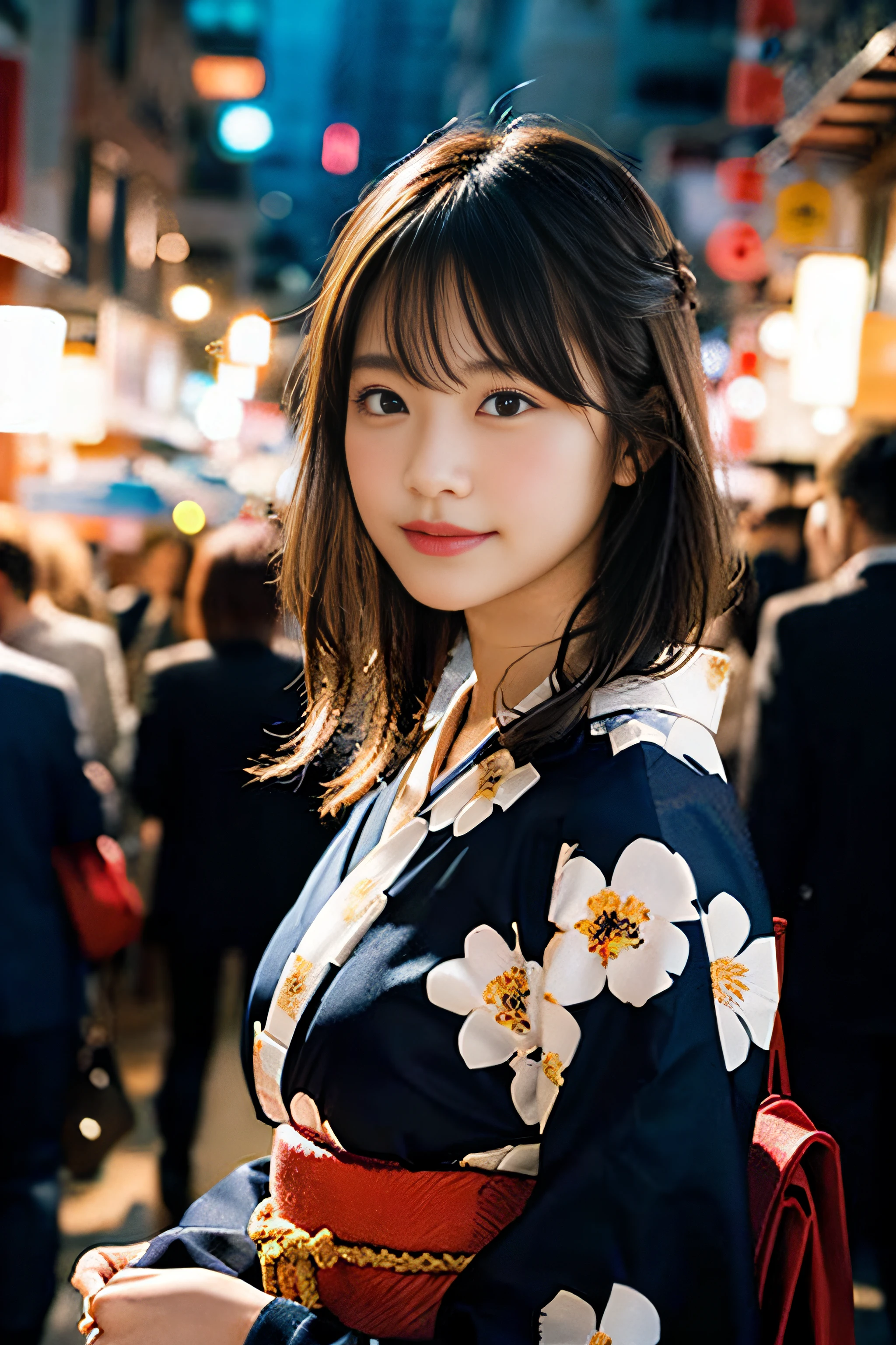 (8K、Raw photography、top-quality、masterpiece:1.2)、(realisitic、Photorealsitic:1.37)、ultra-detailliert、超A high resolution、1人、beautifull detailed face、A smile、Constriction、(Slim waist) :1.3)、Beautiful detailed skin、Skin Texture、Floating hair、Professional Lighting、Whole human body、Longhaire、a blond、Japan floral yukata、matsuri、In the street、sparklers、Bob Hair、Background of the fireworks display、look behind