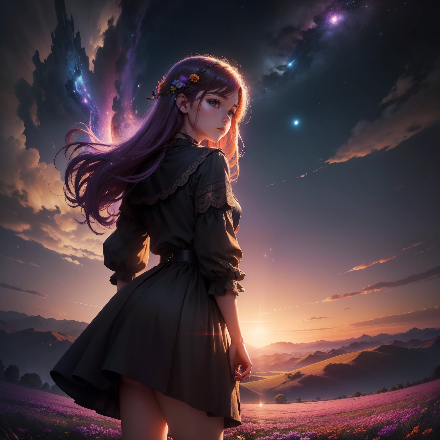 A wide landscape photo, (viewed from below, the sky is above, and the open field is below), a girl standing on a flower field looking up, (full moon: 1.2), (meteor: 0.9), (nebula: 1.3), distant mountains , Trees BREAK Crafting Art, (Warm Light: 1.2), (Firefly: 1.2), Lights, Lots of Purple and Orange, Intricate Details, Volumetric Lighting BREAK (Masterpiece: 1.2), (Best Quality), 4k, Ultra Detailed, (Dynamic Composition: 1.4), Rich in Detail and Color, (Rainbow Color: 1.2), (Glow, Atmospheric Lighting), Dreamy, Magical, (Solo: 1.2)