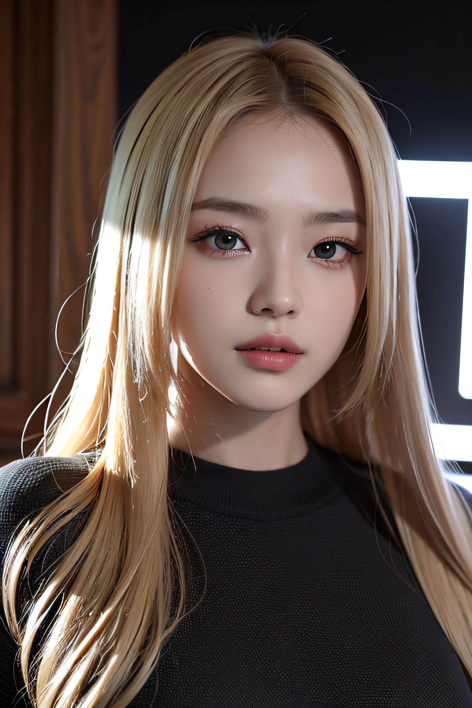 best qualtiy,tmasterpiece,超高分辨率,(realisticlying:1.8),RAW photogr,1girll,long whitr hair,Golden hair,Detailed eyes and face,Black sweater,动态照明,in the darkness nigth,deep shading,low tune,Cowboy shooting,upperbody closeup