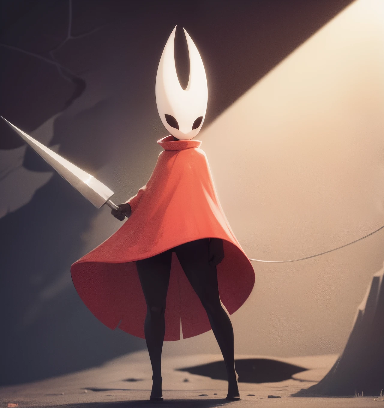 hornet, cute, chibi, no feet, furry female, anthro, needle weapon, thread, standing, solo, red cloak, (best quality), (detailed dark cave background:1.2), looking at viewer, holding weapon, flat colors,