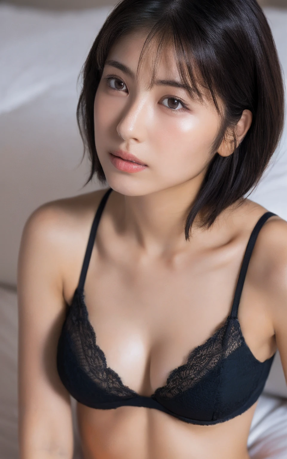 ((Best Quality, 8k, Masterpiece: 1.3)), 1 girl, Beautiful woman with Latino blood, slender abs: 1.3, (Highlight haircut, Breast A-cup: 1.2), Black see-through: 1.1, Ultra detailed face, detailed eyes, double eyelids, full body Underwear on the bed