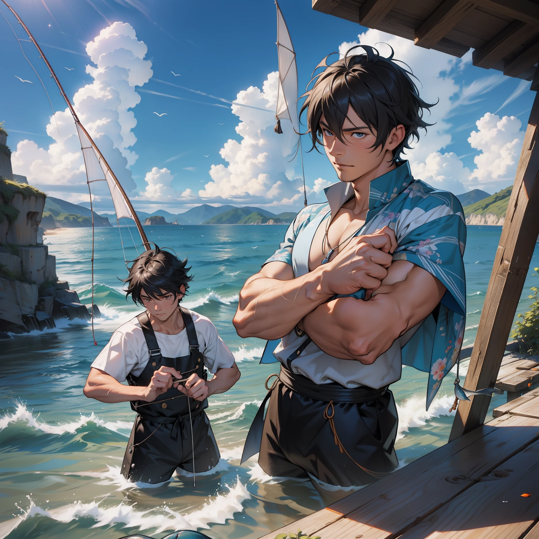 masutepiece, hight resolution, in 8K, 3D Anime Men, Delicate and detailed writing 、Detailed digital illustration、(((fisherman)))、(Fishing at the seaside)、(独奏)、very short shiny hair、(((2 arms、4 fingers1 thumb)))、Wearing a salopette、orlando bloom、a large amount of fish in a bucket、Very beautiful background of the sea
