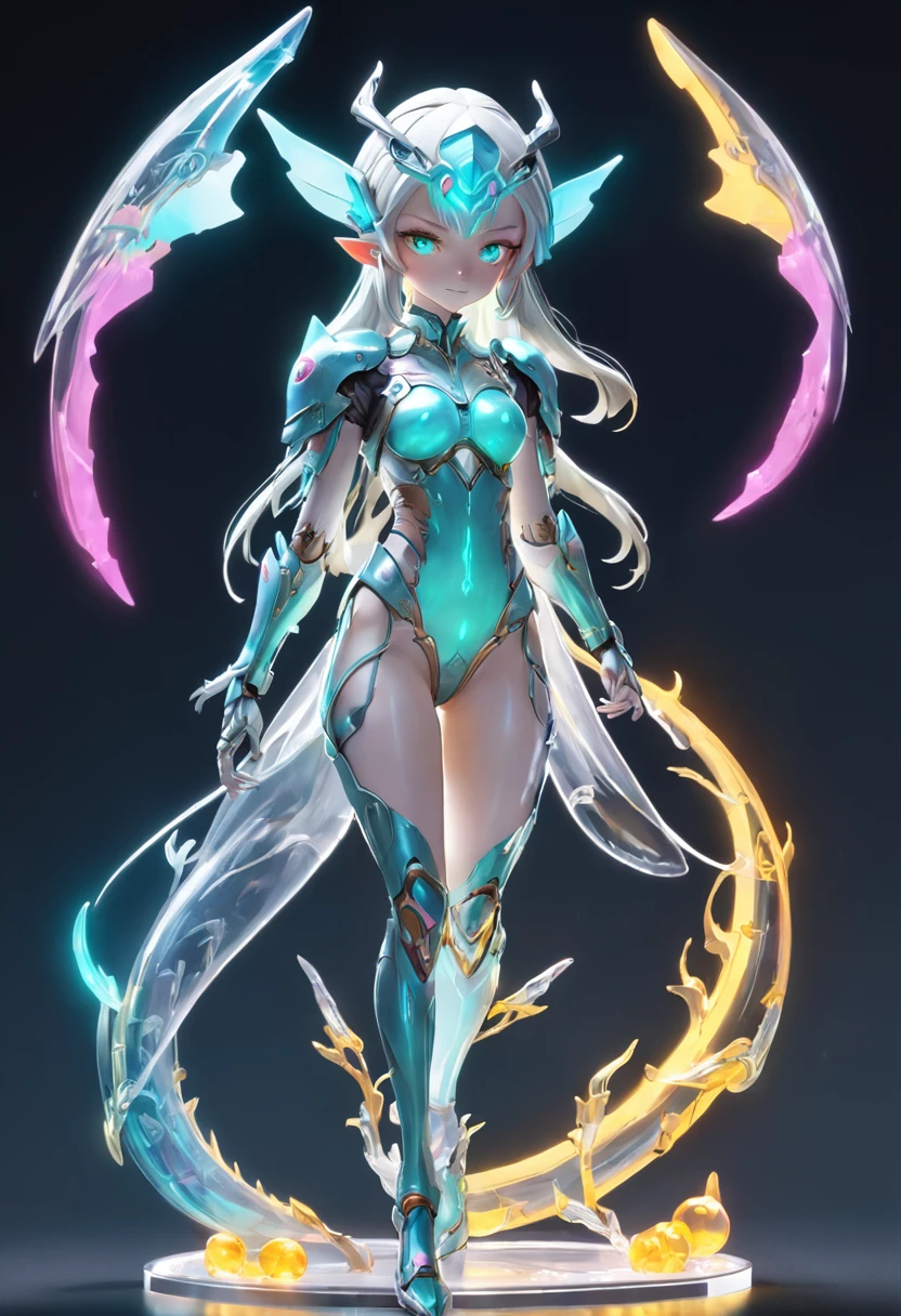 chinesedragon, (Blind box toy style:1.2), (Full body shot) , 1 Transparent adult female elf,Behind her is 2 transparent Chinese dragon, Transparent mech, Exquisite helmet:1.2, Luminous goggles:1.2, Cyberpunk, dreamy glow, luminous neon lights, Clean, White background, ( Global illumination, Ray traching, hdr, unreal render,reasonable design, high detal, Masterpiece, Best quality, hyper HD, Cinematic lighting)