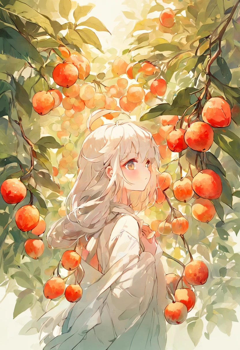 white backgrounid,litchi, watercolor paiting, full color digital illustration ,the fruits、litchi