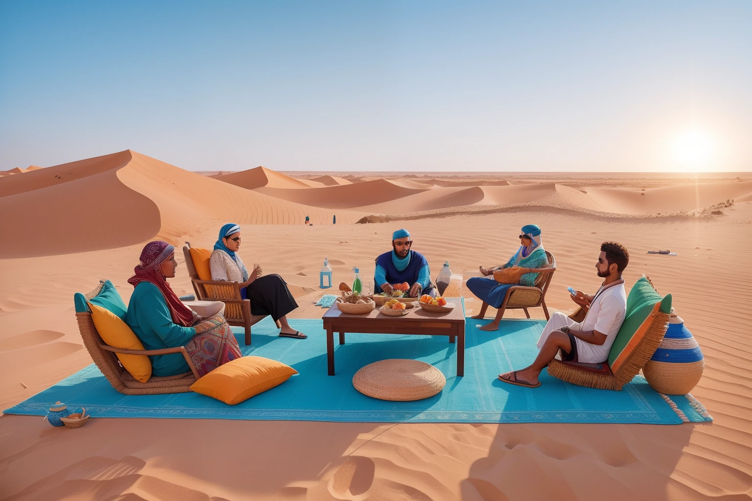 Year: 2023
Country: Mauritania
Description: Against the backdrop of a desert landscape, an upper-middle-class family gathers in a stylishly adorned tent for a traditional Mauritanian feast. The soft sunlight casts a warm glow on the scene, capturing the essence of their culture.