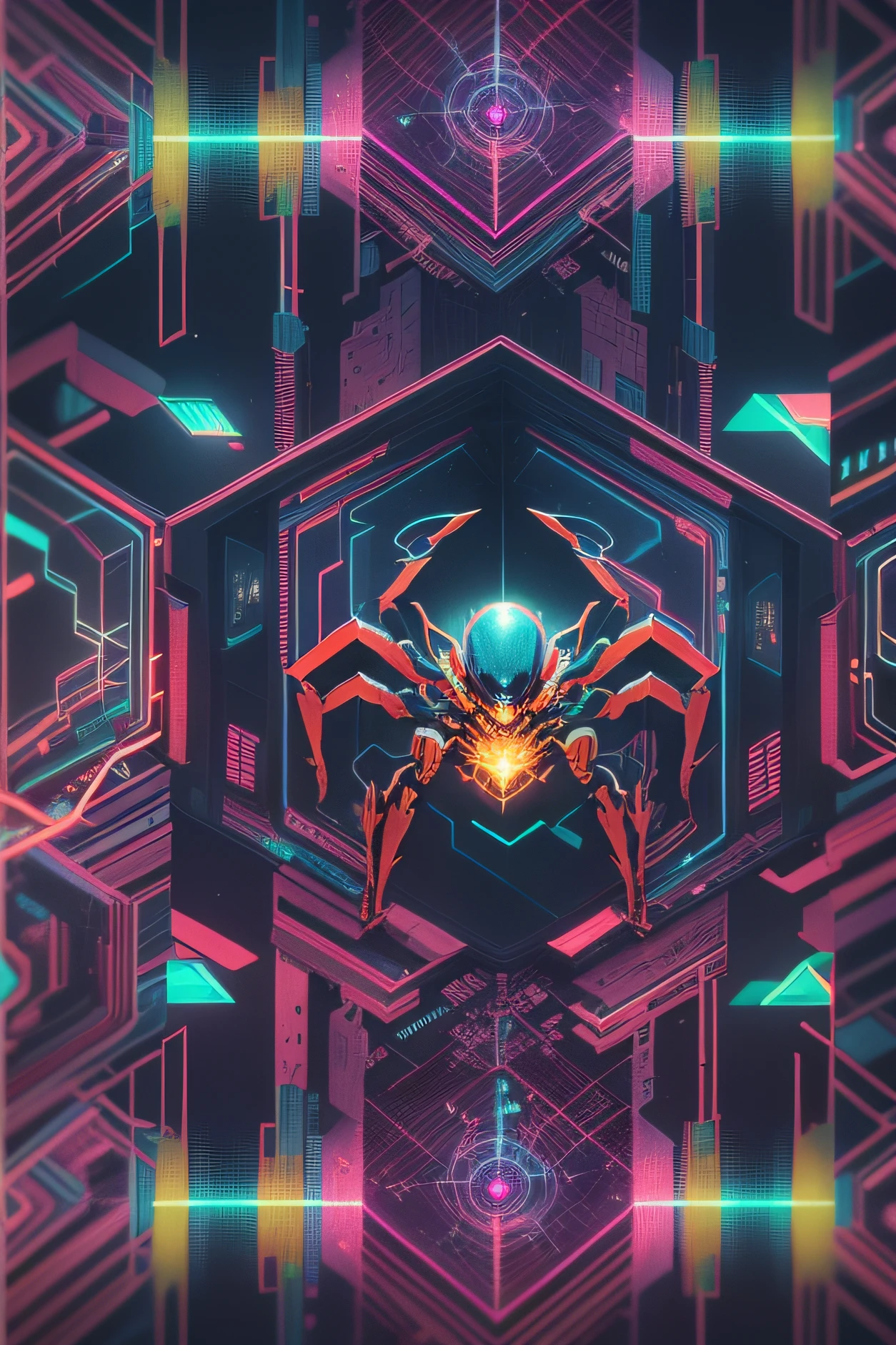 ((best quality)), ((masterpiece)), (detailed), (realistic), "Spider symbol in the style of a futuristic holographic design: 1.2), (neon colors and geometric shapes: 1.1), (cyberpunk aesthetic: 1.2), (3D rendering, high resolution: 1.3), (perspective shot, 8k resolution: 1.4)"