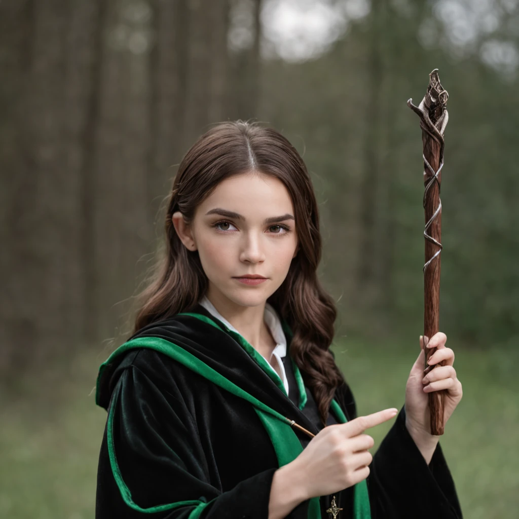 Dressed in a black robe,Wear a green tie,Arad woman with wand, a young female wizard, beautiful female wizard, beautiful female wizard, Female wizard, portrait of a young elf wizard, holding a wand, holding wand, hermione granger, beautiful wizard, in hogwarts, Dressed in a black robe, inspired by Hermione Hammond, holding a wand, wearing black wizard robes,black toga
