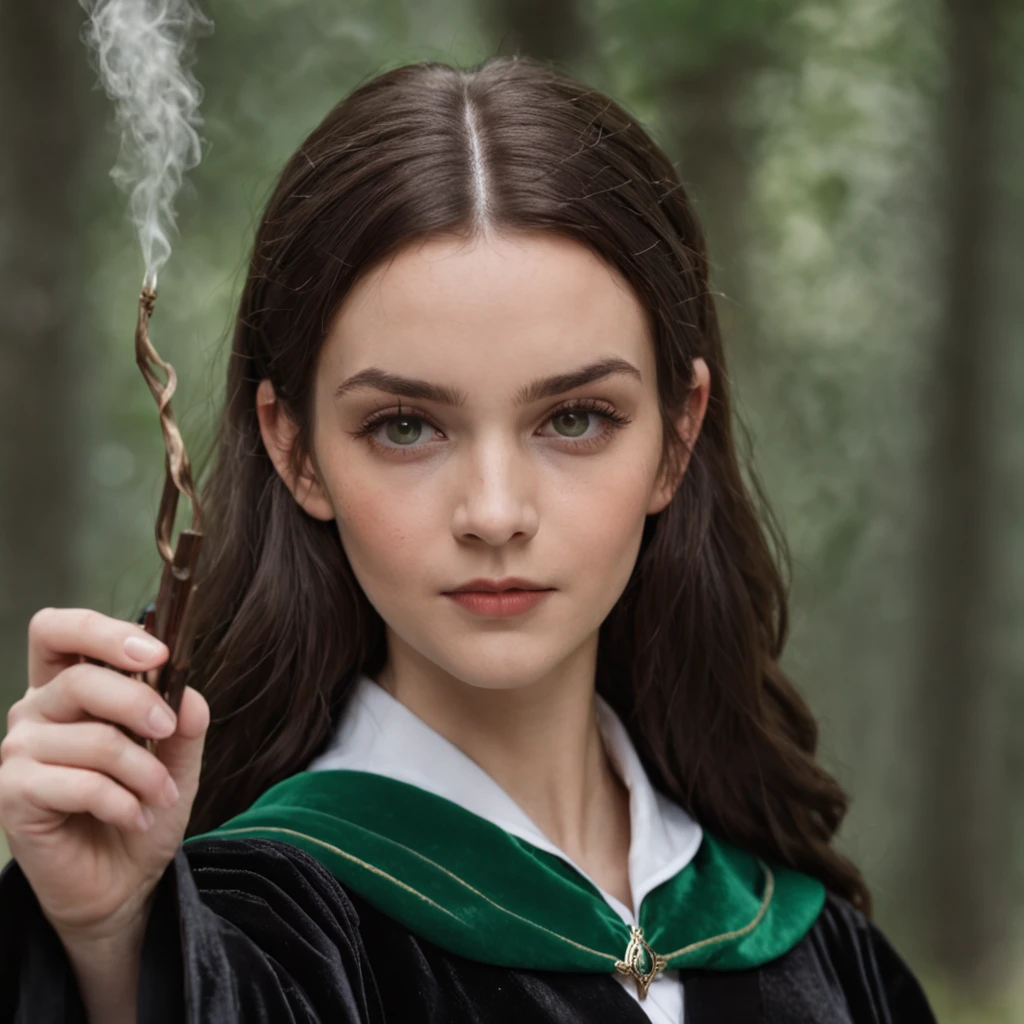 Dressed in a black robe，Wear a green tie，Arad woman with wand, a young female wizard, beautiful female wizard, beautiful female wizard, Female wizard, portrait of a young elf wizard, holding a wand, holding wand, hermione granger, beautiful wizard, in hogwarts, Dressed in a black robe, inspired by Hermione Hammond, holding a wand, wearing black wizard robes,black toga