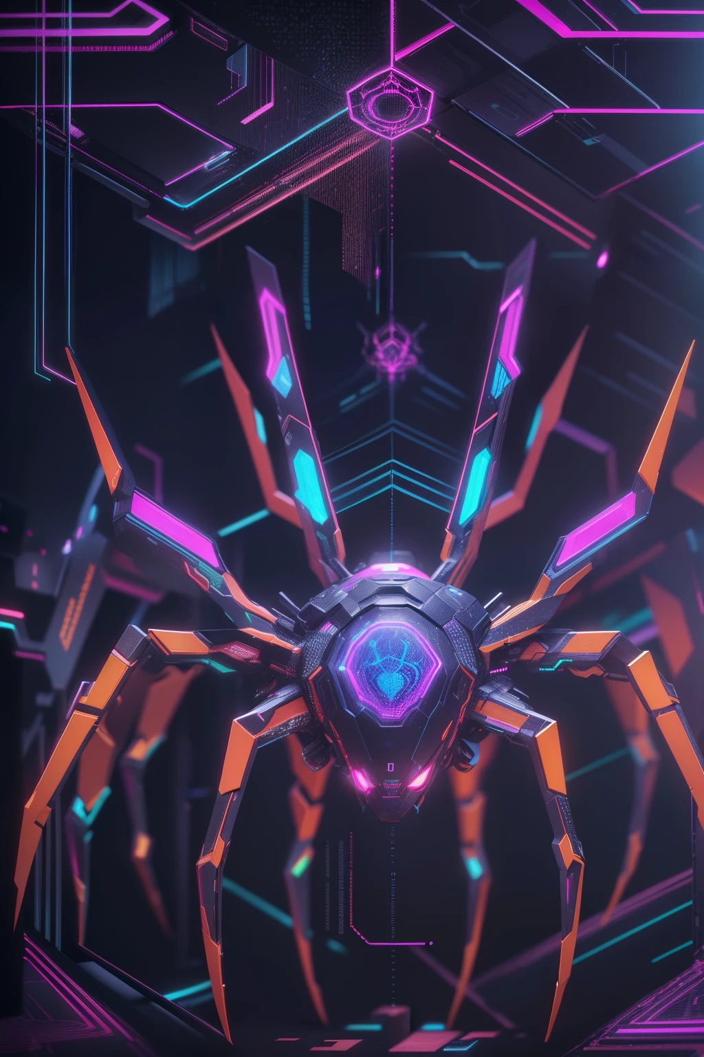 ((best quality)), ((masterpiece)), (detailed), (realistic), "Spider symbol in the style of a futuristic holographic design: 1.2), (neon colors and geometric shapes: 1.1), (cyberpunk aesthetic: 1.2), (3D rendering, high resolution: 1.3), (perspective shot, 8k resolution: 1.4)"