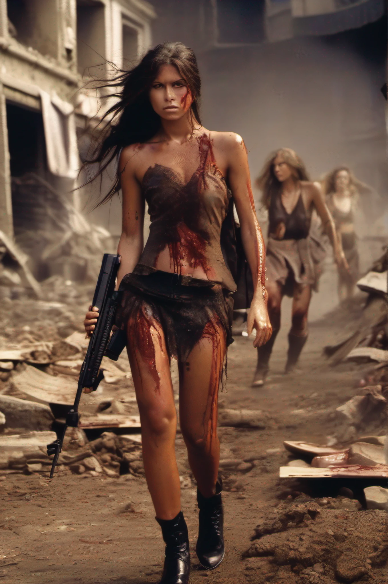 Five tanned women with very long hair stumbles through the streets of a ruined city with a naked wet upper body, and a bleeding gunshot wound in her left shoulder. An automatic rifle in her right hand, full of mud, blood, and wounds, and wearing a torn skirt. Explosions and fires ravaged the devastated city everywhere.