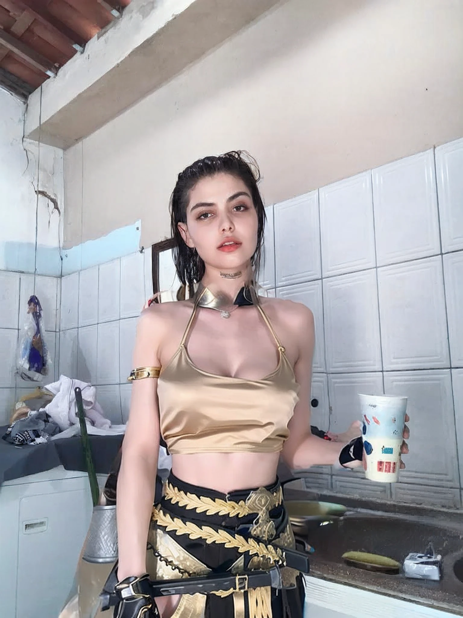 Ultra realistic sexy women's swordsman outfit in black color with ultra HD cybernetic gold threads