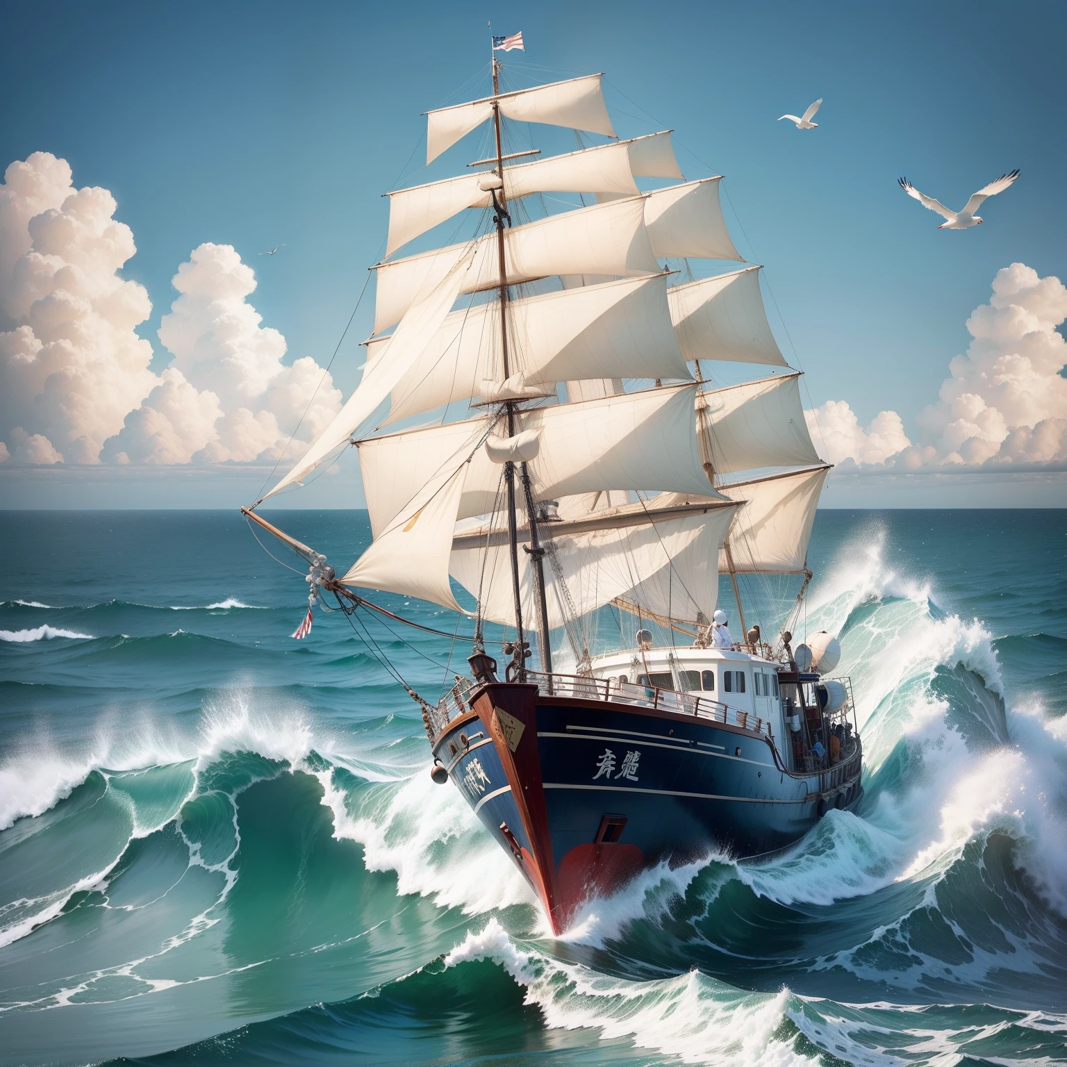 sea breezes。Greatwave,fishing boat,seagulls,Asaka Manjō