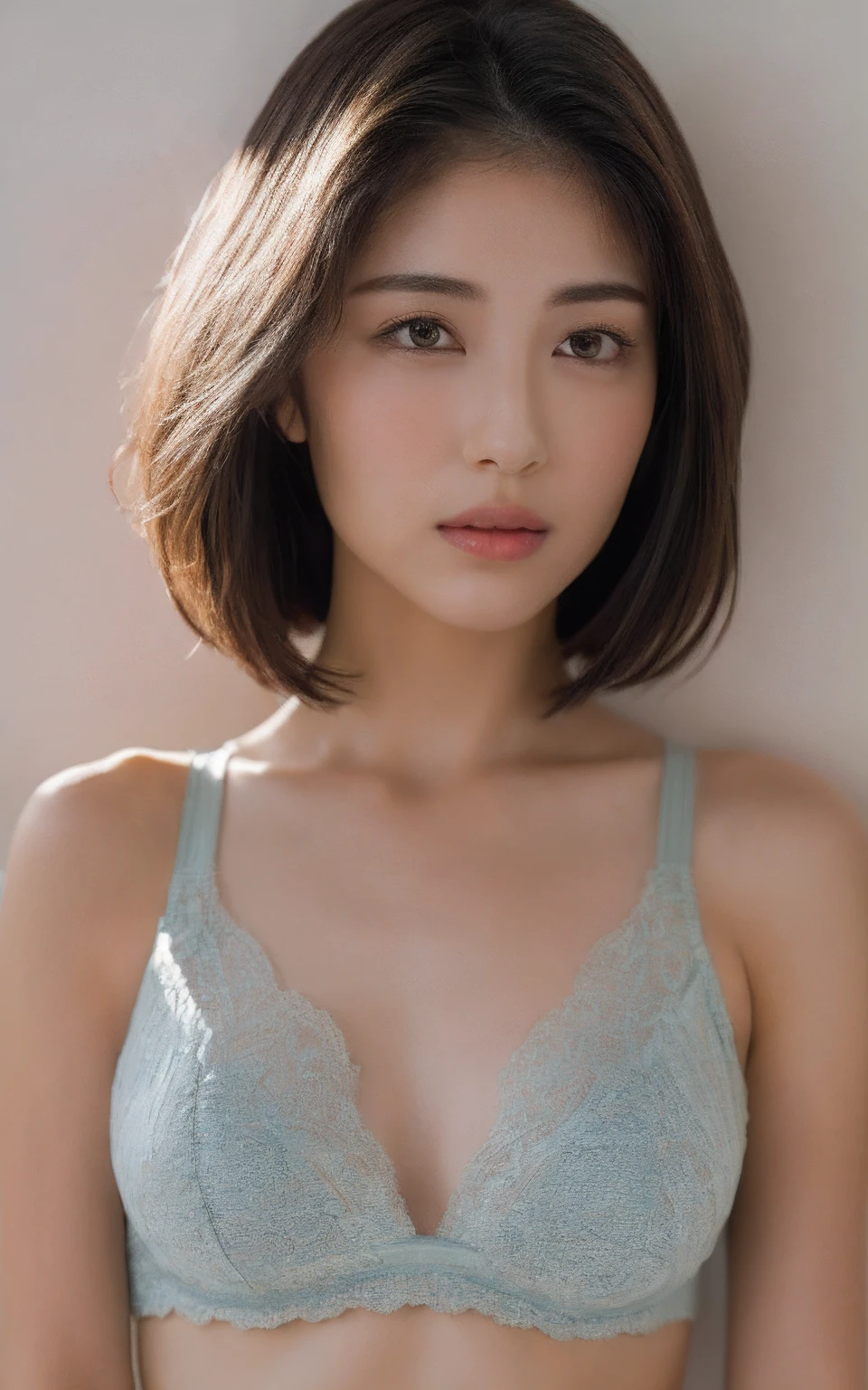 ((Best Quality, 8k, Masterpiece: 1.3)), 1 girl, Beautiful woman with Latino blood, slender abs: 1.3, (Highlight haircut, Breast A-cup: 1.2), Black see-through: 1.1, Ultra detailed face, detailed eyes, double eyelids, full body Underwear on the bed